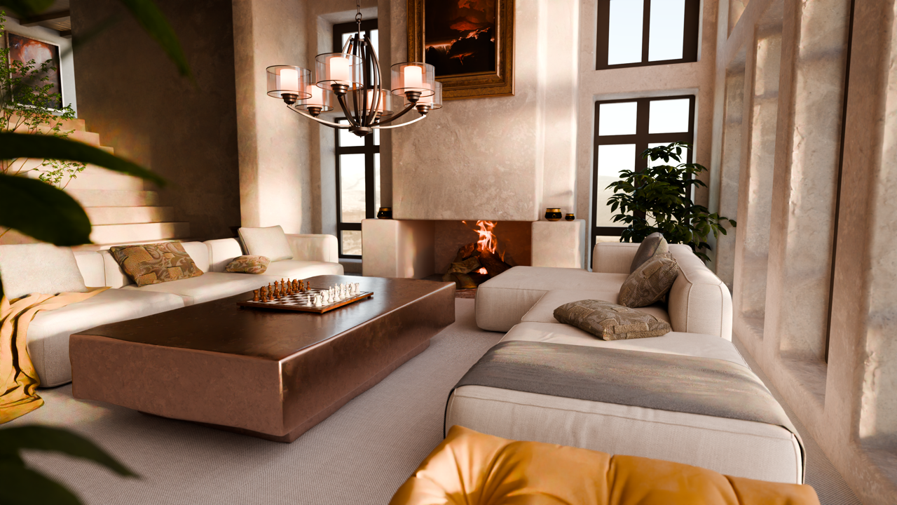 Luxurious living room with modern chandelier, large windows, beige sofas, chessboard on a coffee table, lit fireplace, and decorative plants.