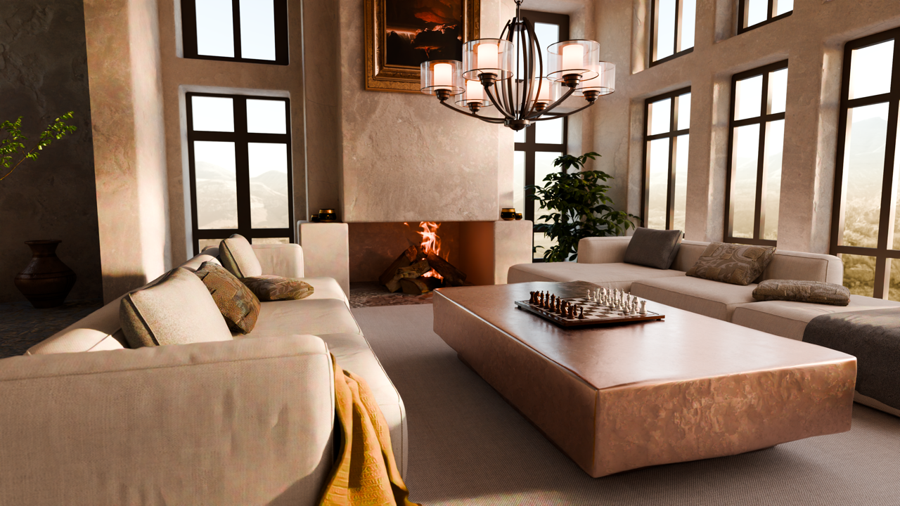 Luxurious living room with a high ceiling, featuring a central fireplace, large windows, elegant sofas, a coffee table with a chess set, and a chandelier.