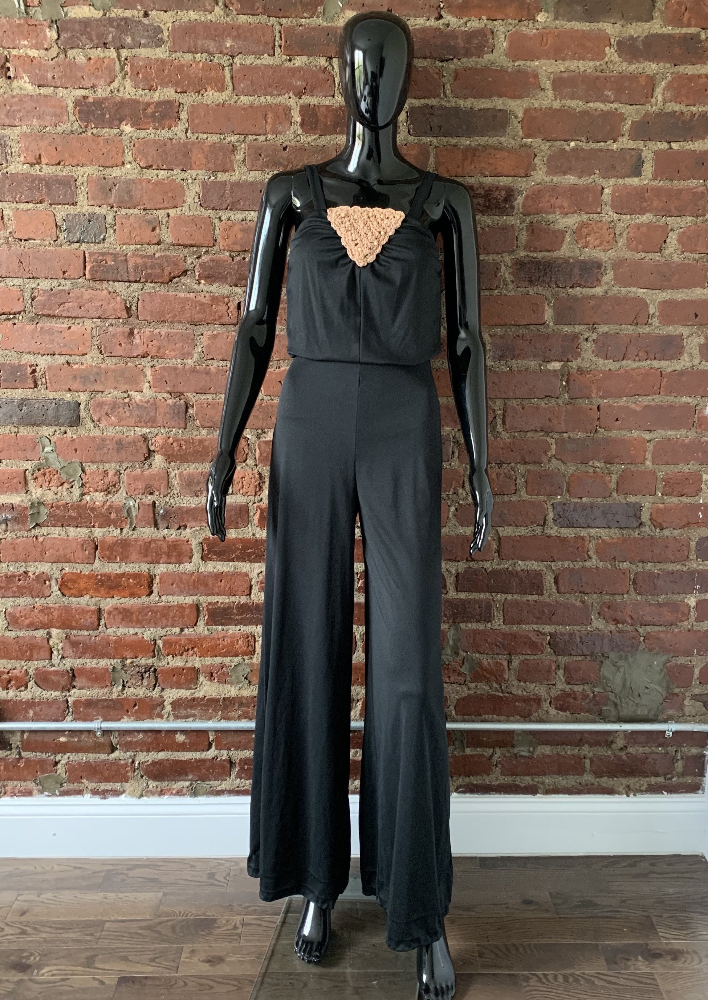 Sunset Blvd Black Think Strap 1970s Vintage Jumpsuit with Crochet Detail