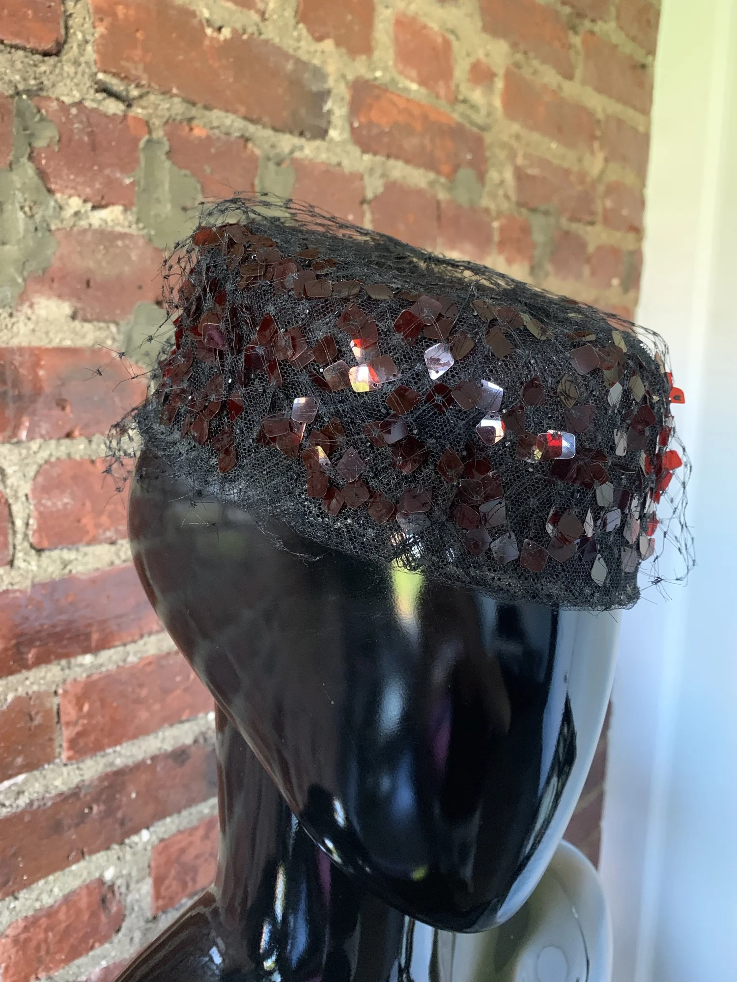 Vintage Red Pillbox Hat with Black Lace and Sequins Pillbox Red Vintage Hats for Women for sale | eBay main image 2