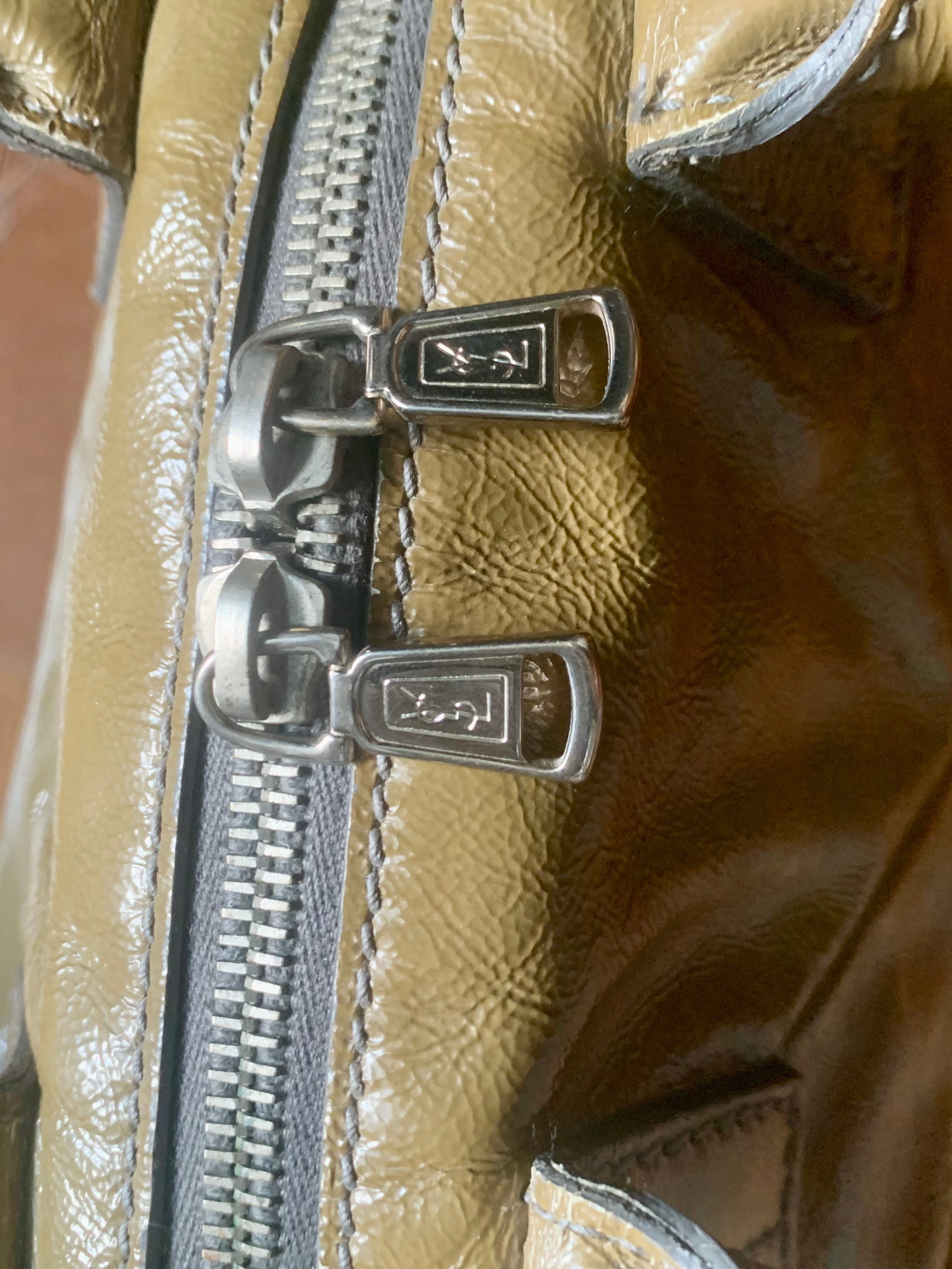 90s Yves Saint Laurent Olive Patent Leather Muse Handbag — Sunset