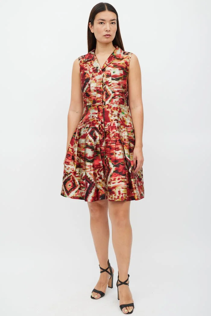 strapless open back dress Oscar de la Renta Pink Label Red Floral Print Sleeveless Slip Midi Dress