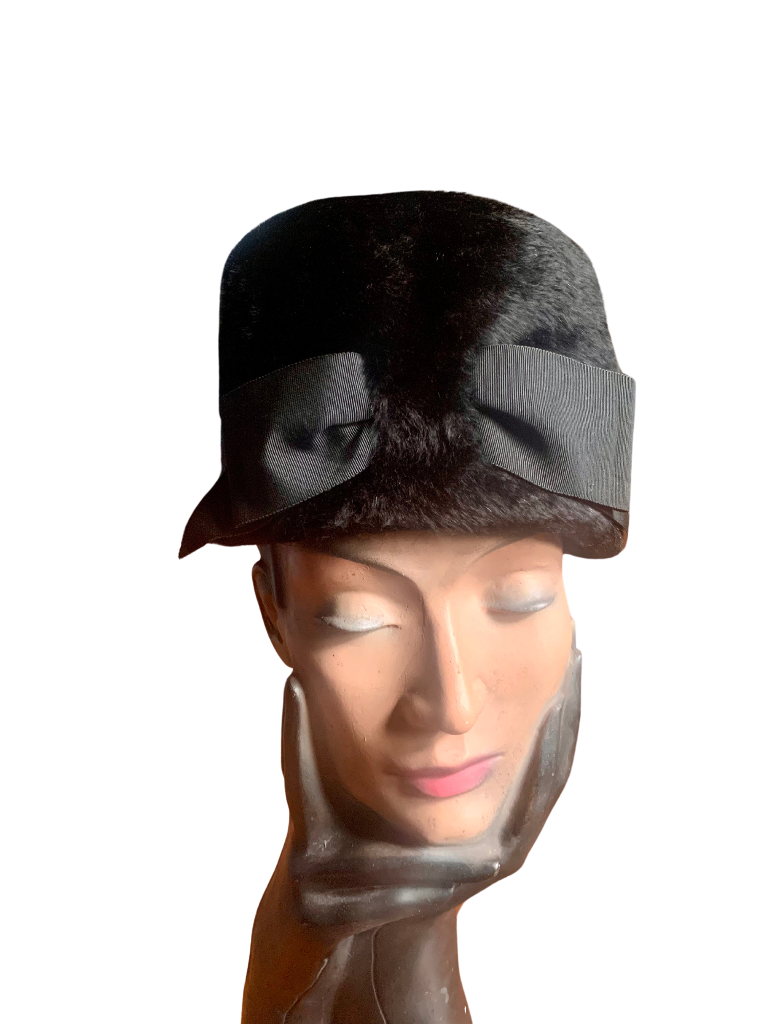 Vintage Womens Black Real Fur Veloured Bowler Hat With Bow Size Medium 50s/60s Original Vintage 60s Black Velour Bowler Derby Hat W Vinyl  main image 2