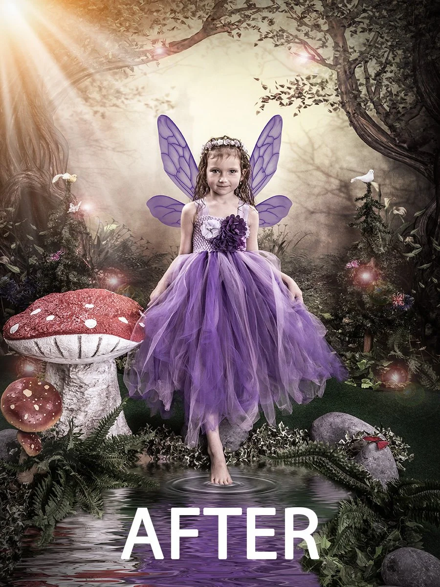 Child dressed as a fairy with purple wings and gown in a mystical forest setting, standing near a pond with oversized mushrooms and foliage.