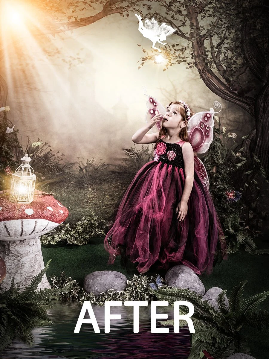 Child dressed as a fairy in a magical forest scene with a glowing fairy silhouette and giant mushroom; text reads 'AFTER'.