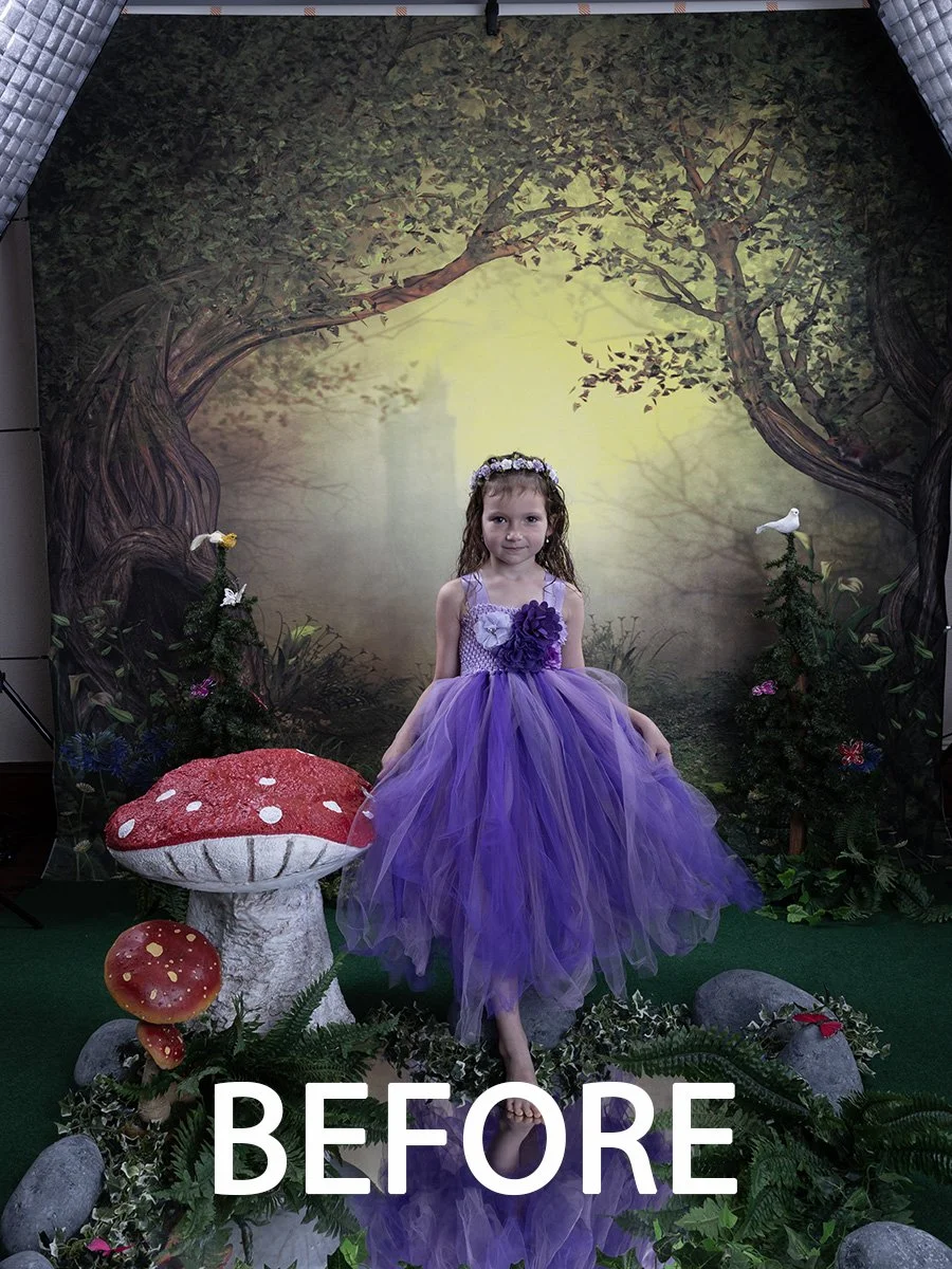 Girl in purple dress with floral headband standing in front of enchanted forest backdrop with large mushrooms and greenery; text 'BEFORE' at bottom of image.
