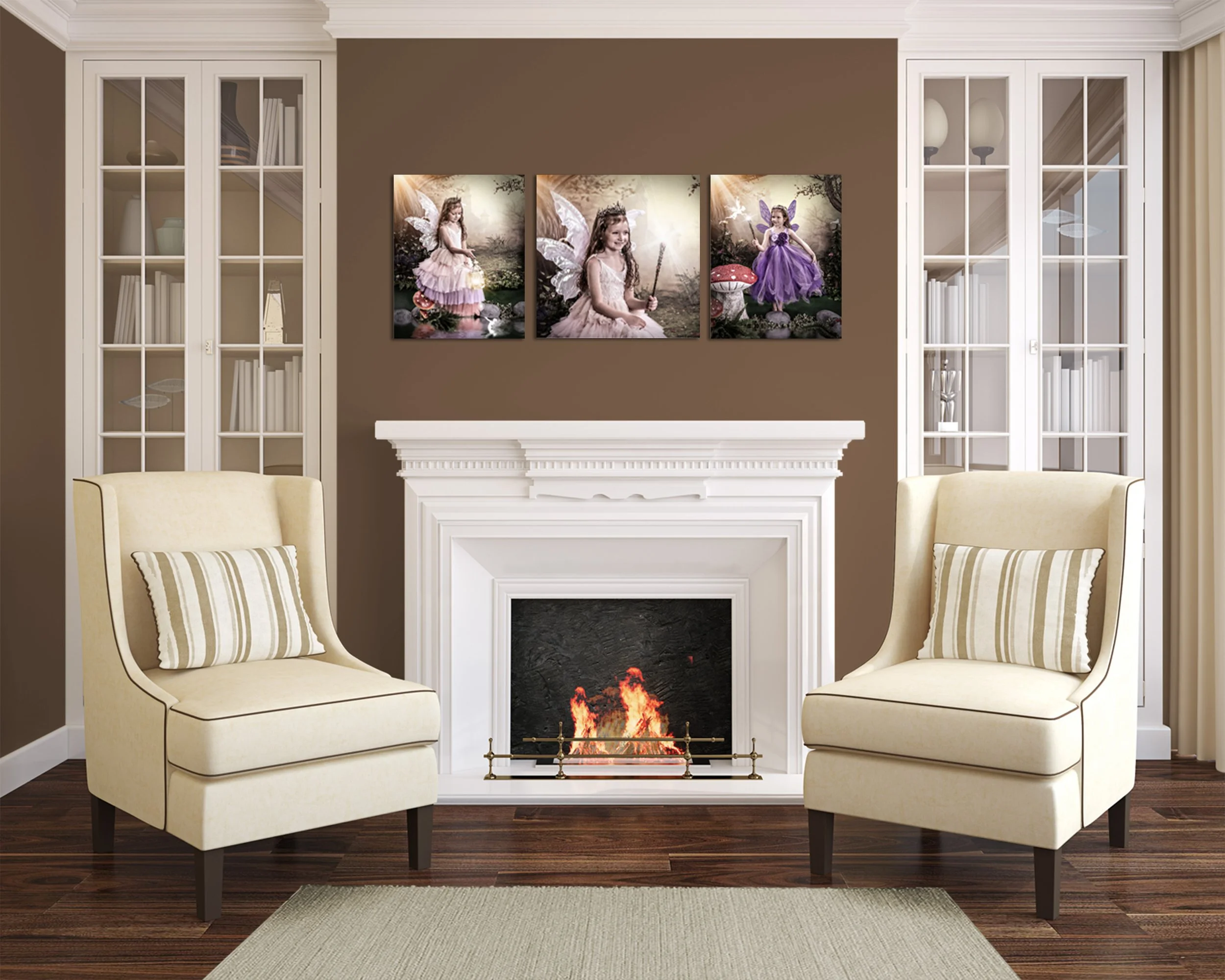 Living room with two beige chairs, a white fireplace, three fairy-themed artworks, and glass cabinets.