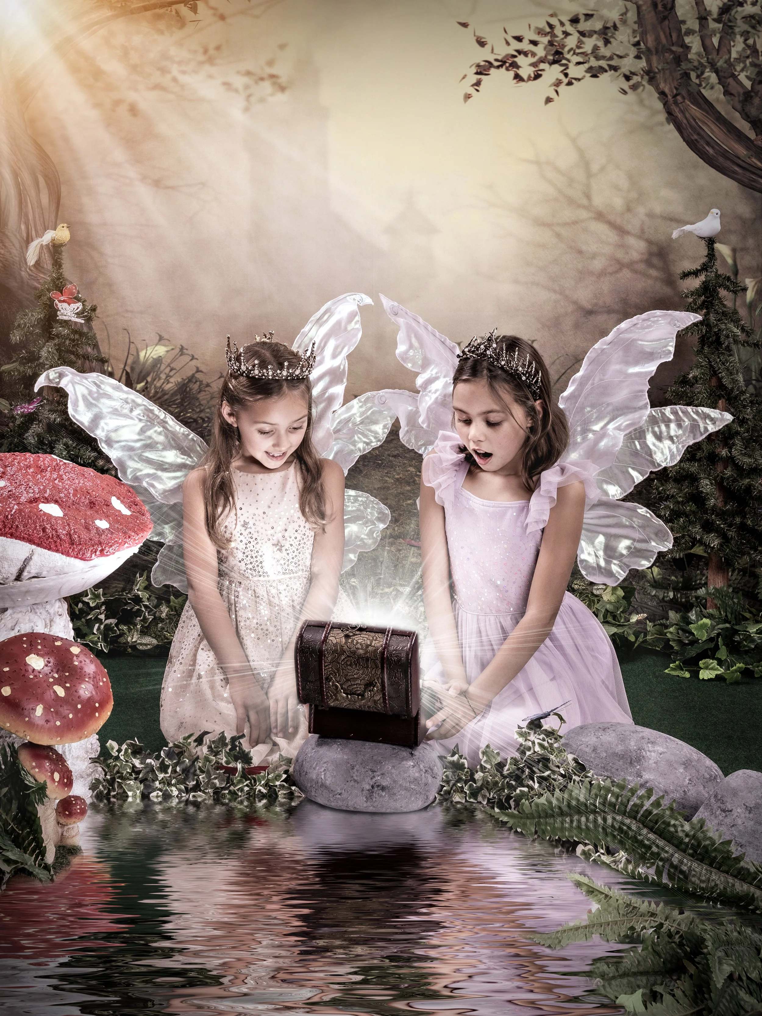 Two girls dressed as fairies with wings and crowns, sitting by a glowing treasure chest, surrounded by a magical forest setting with mushrooms and water reflection.
