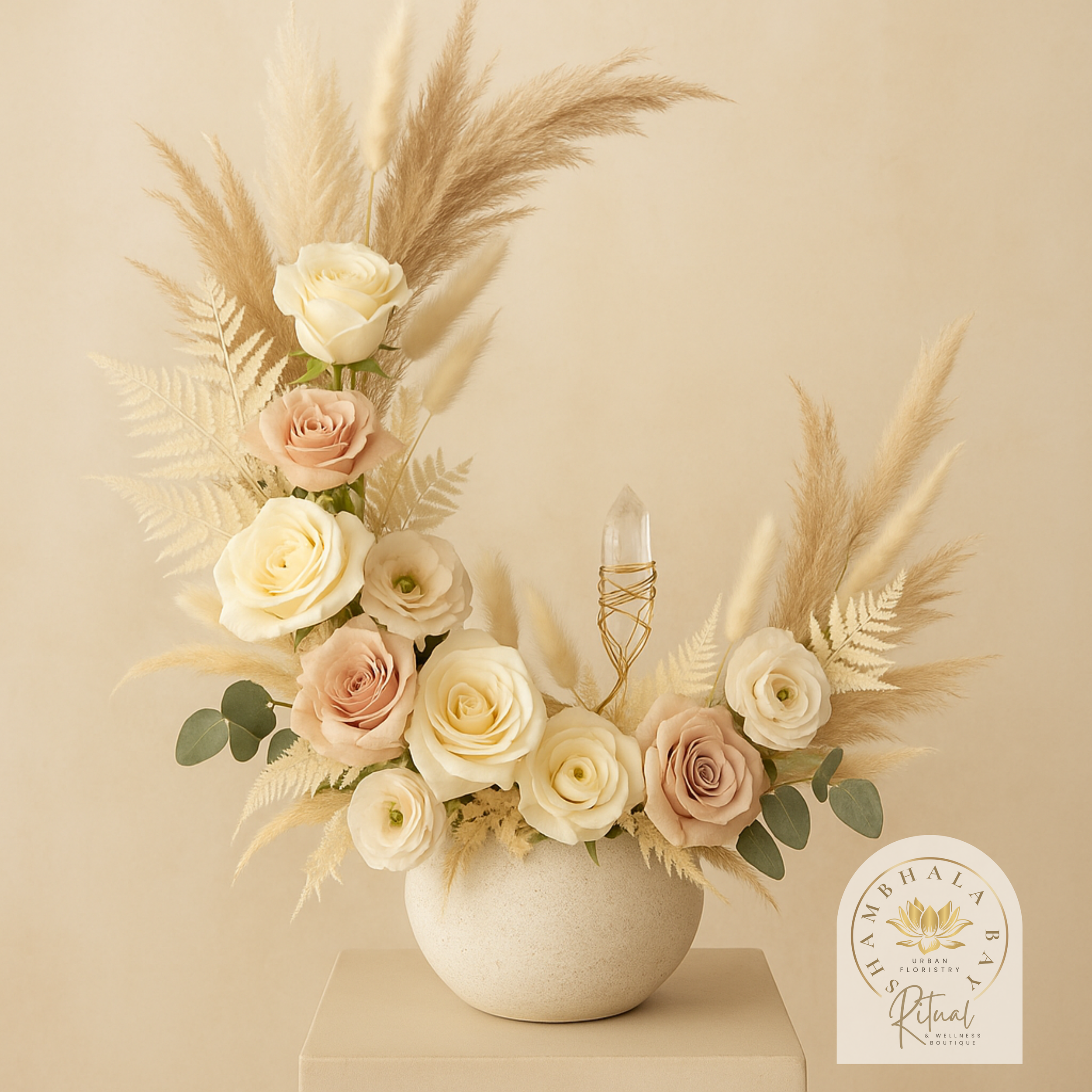 A beige vase with a floral arrangement of white and blush roses, eucalyptus leaves, and pampas grass on a beige surface against a neutral background, with a logo in the bottom right corner reading 'Shambhala Bay Ritual Urban Floristry Boutique'.