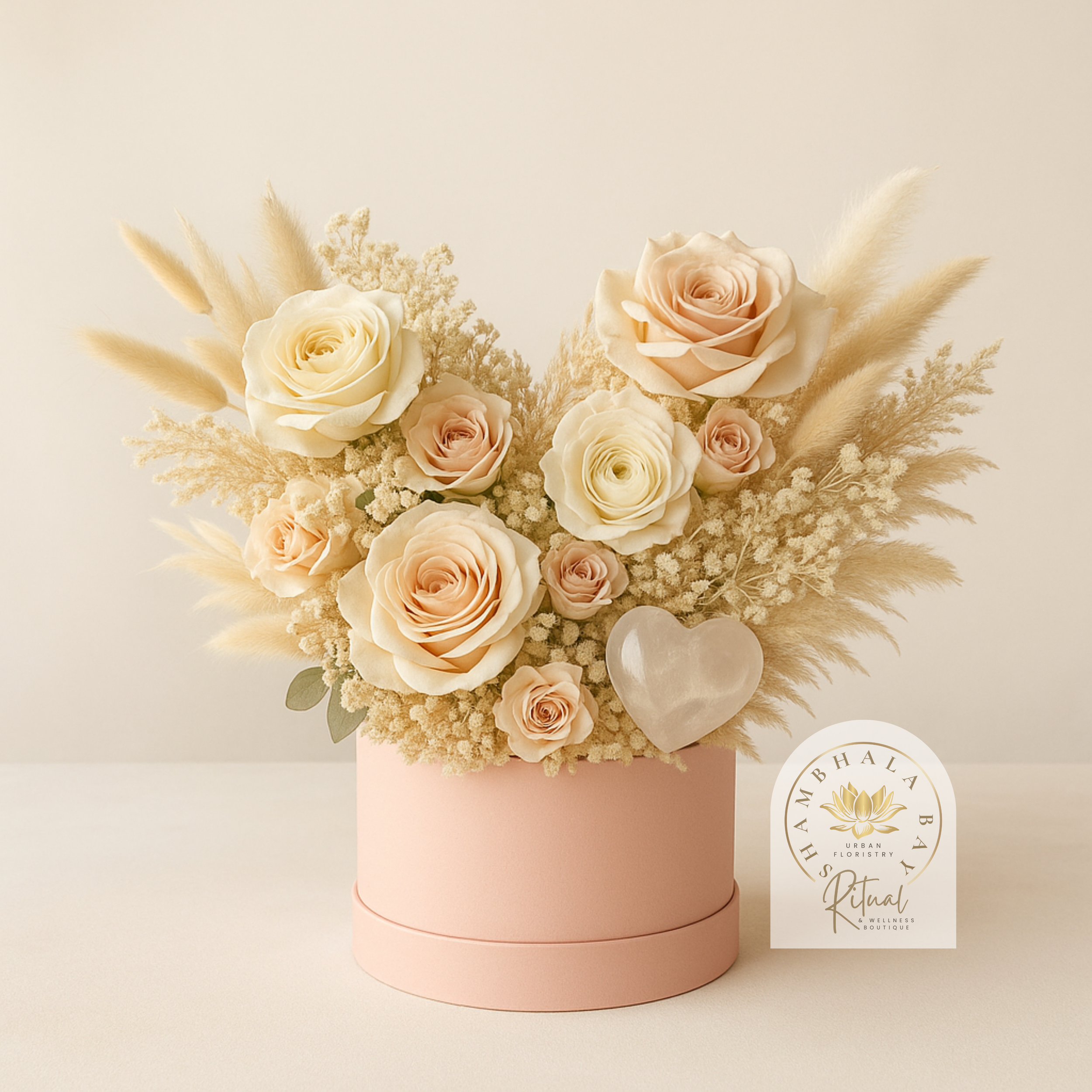 Cream and blush-colored roses with pampas grass and a pink round box, with a stone heart Signature Shambhala Bay Urban Floristry design