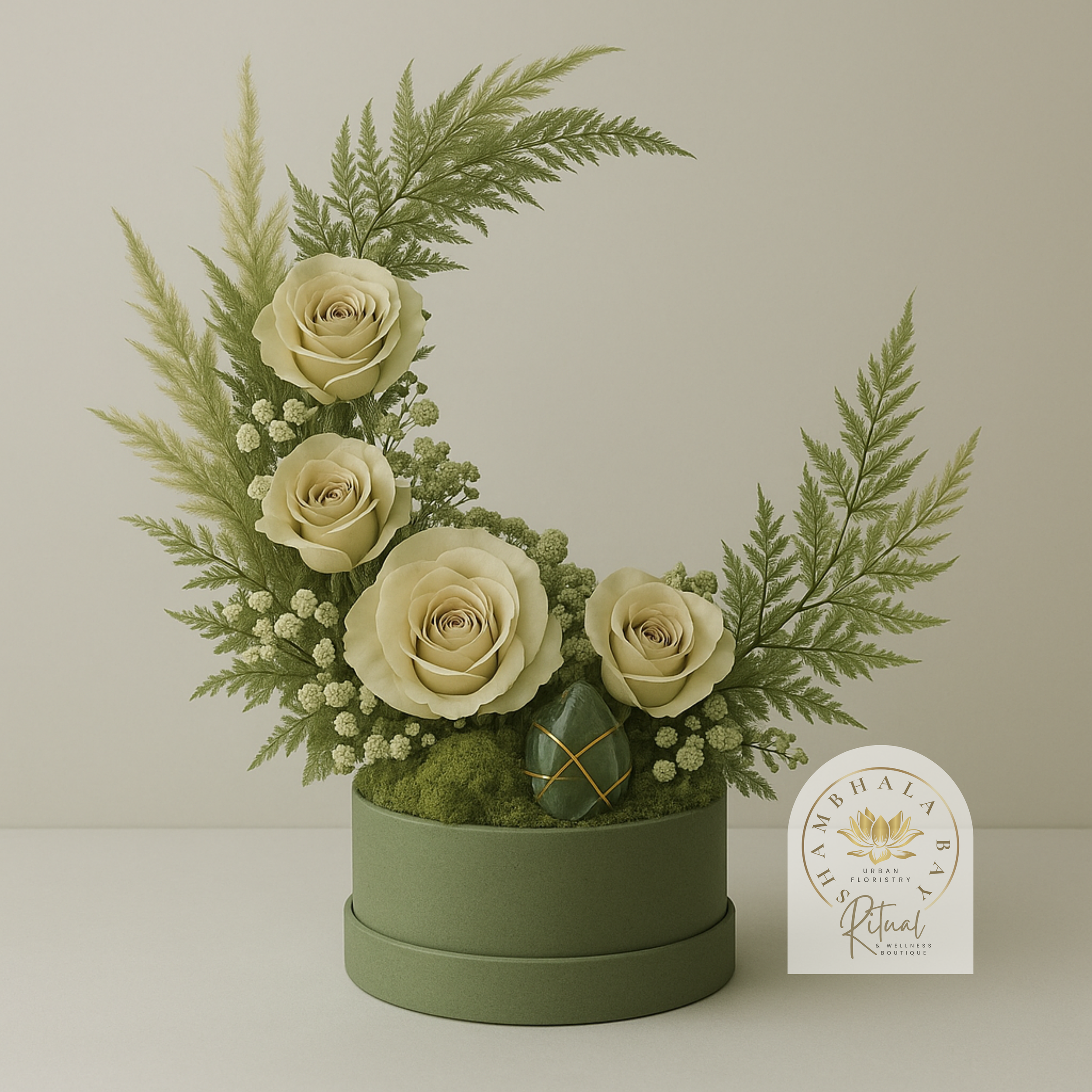 Arrangement of four cream-colored roses, green fern leaves, and small white filler flowers in a green circular box with moss and a stone wrapped with gold wire. Signature Shambhala Bay Design 