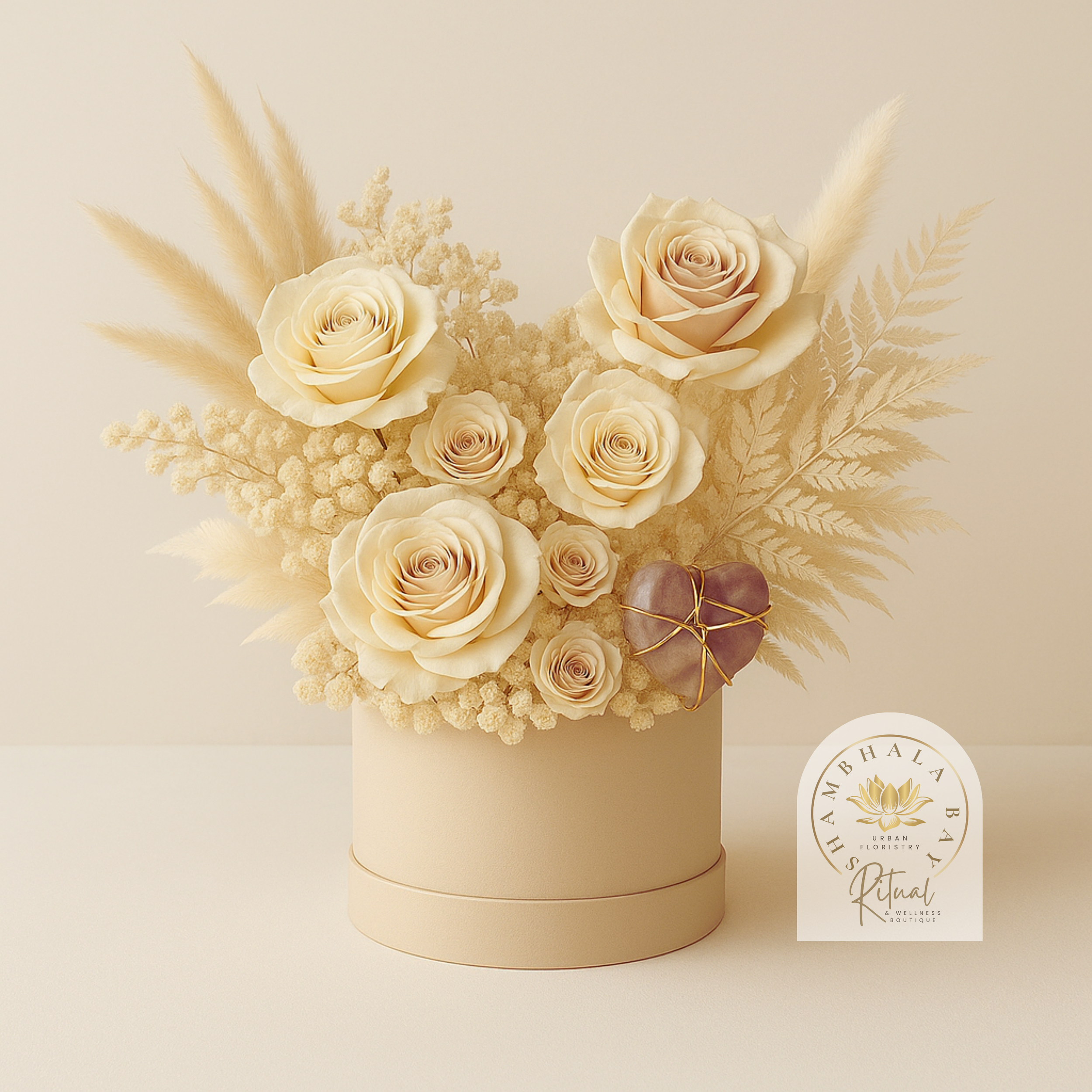 Elegant floral arrangement featuring cream-colored roses, dried ferns, and Pampas grass in a cream round box, with a small purple heart wrapped in twine, Signature Shambhala Bay Design 