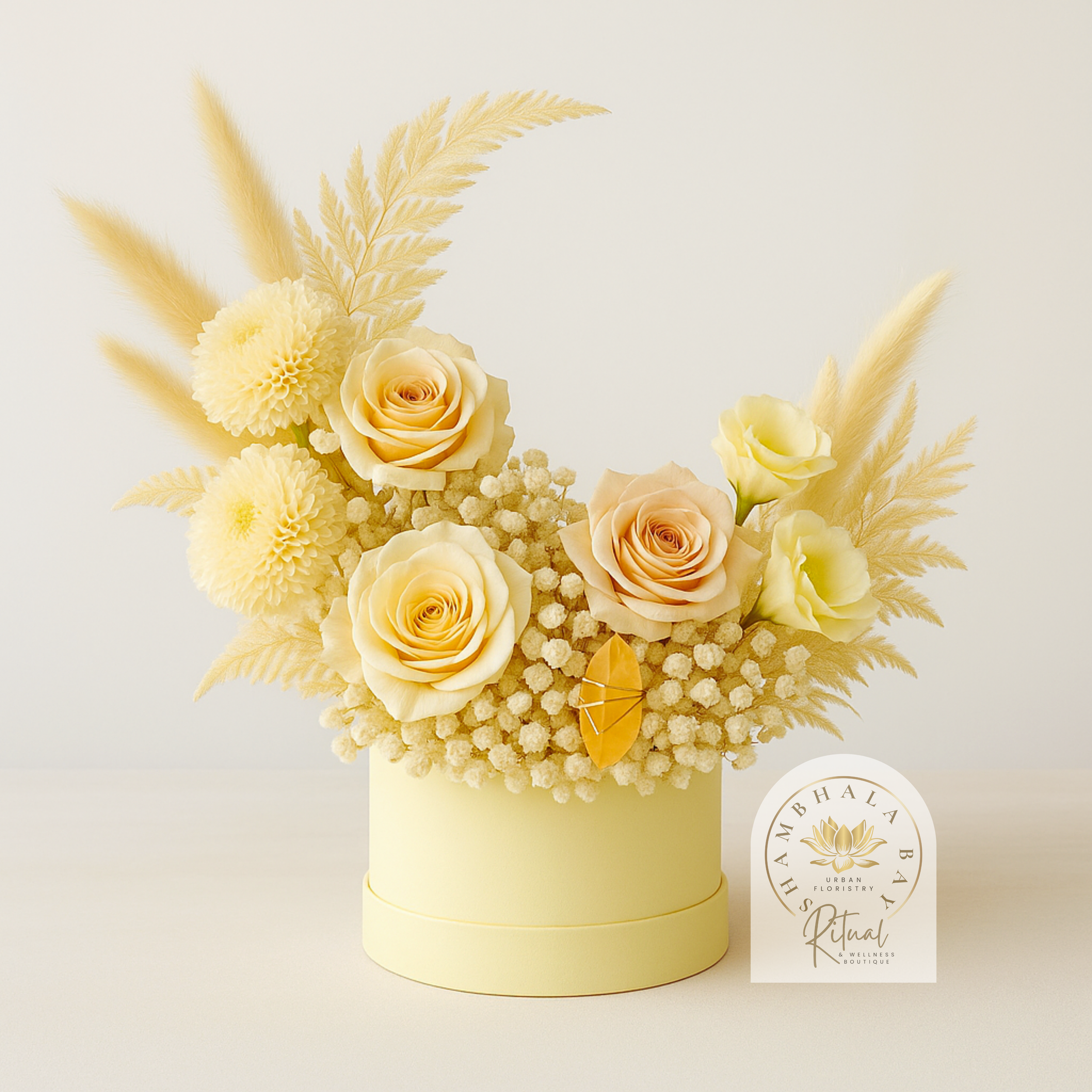 Cream-colored floral arrangement in a round yellow box with roses, dahlias, baby’s breath, pampas grass, and a yellow leaf, featuring a white logo of a lotus flower at the bottom right.