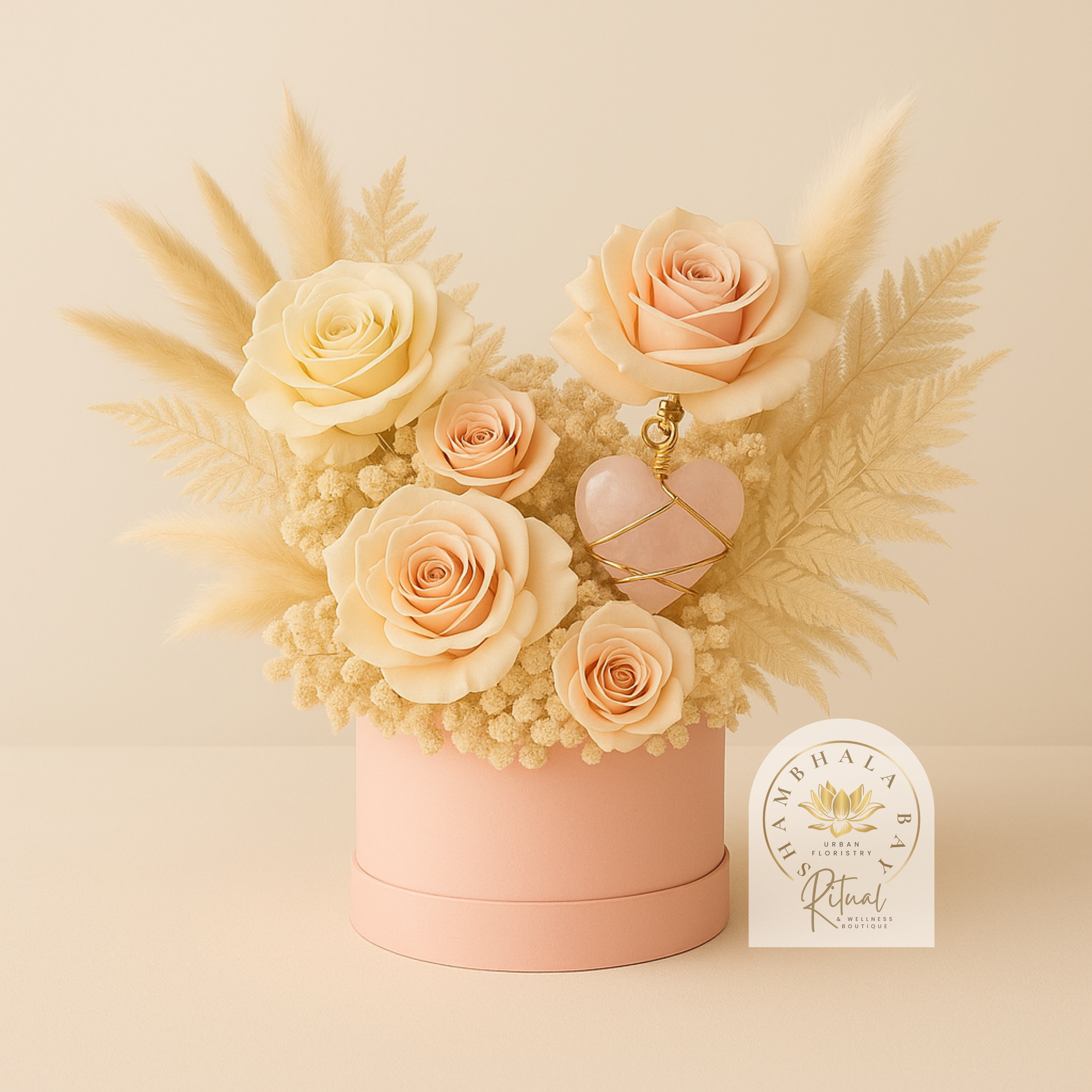 Signature Shambhala Bay Urban Floristry Cream and blush-colored roses with dried beige foliage in a pink box, decorated with a pink heart pendant wrapped in gold wire, with a logo reading "Shambhala Bay Ritual Urban Floristry & Wellness Boutique".