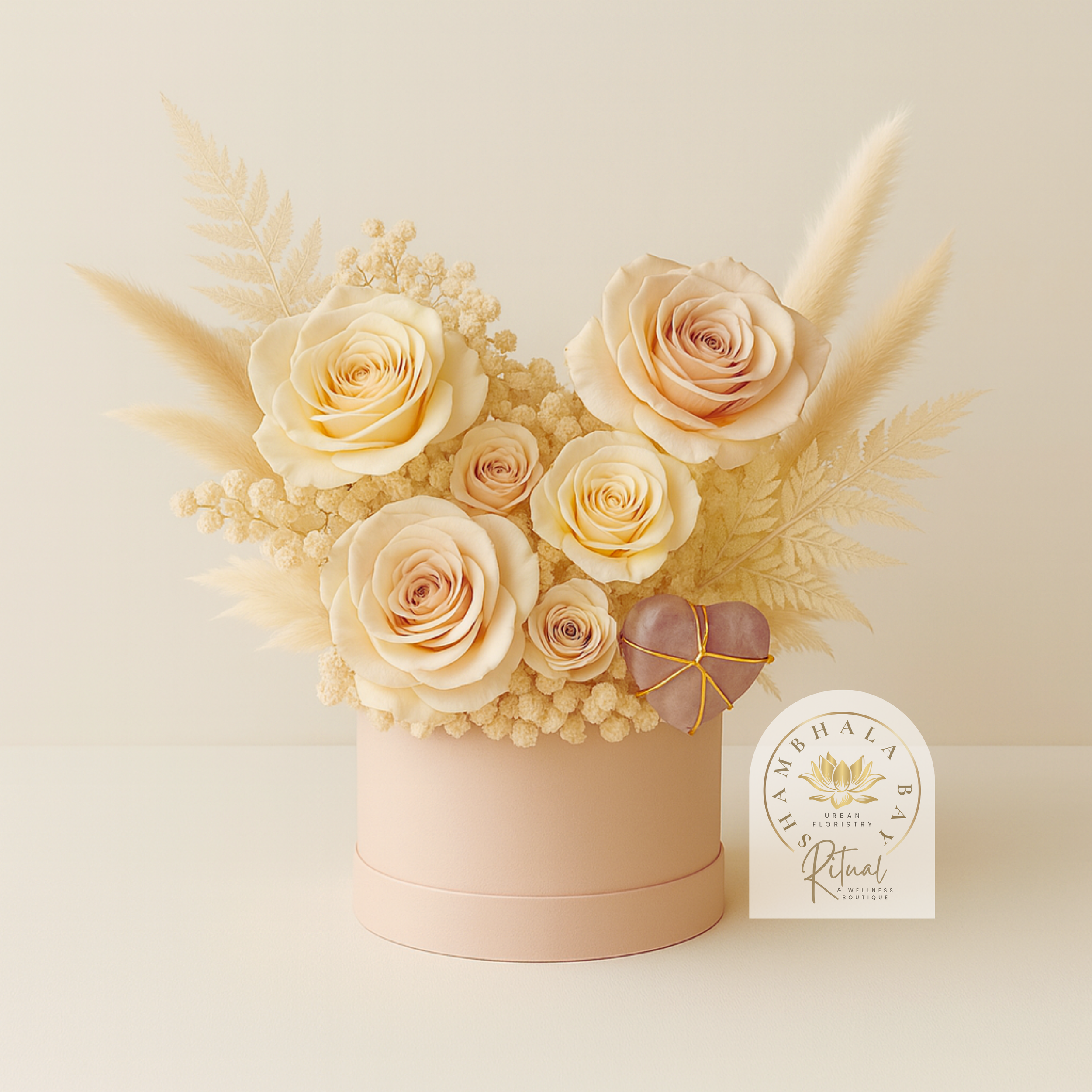 Cream-colored rose bouquet with dried decorative elements in a pink round container, featuring a heart-shaped stone gift with a gold string, Signature 'Shambhala Bay Ritual Urban Floristry & Wellness Boutique' Design