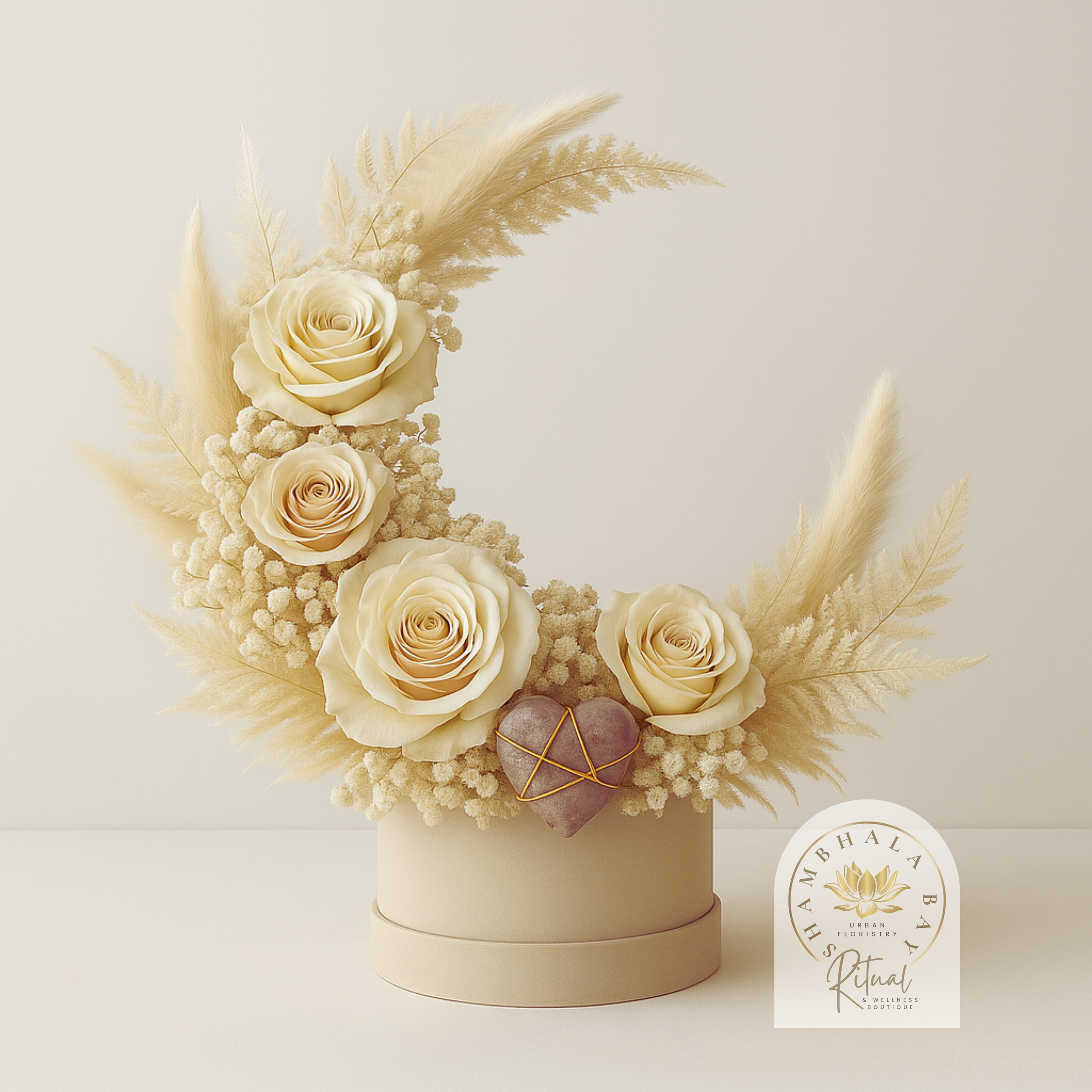 Cream roses and dried pampas grass arranged in a beige hatbox with a purple heart and gold wire accent, featuring a logo for specialized floral boutique. Signature Shambhala Bay Design 