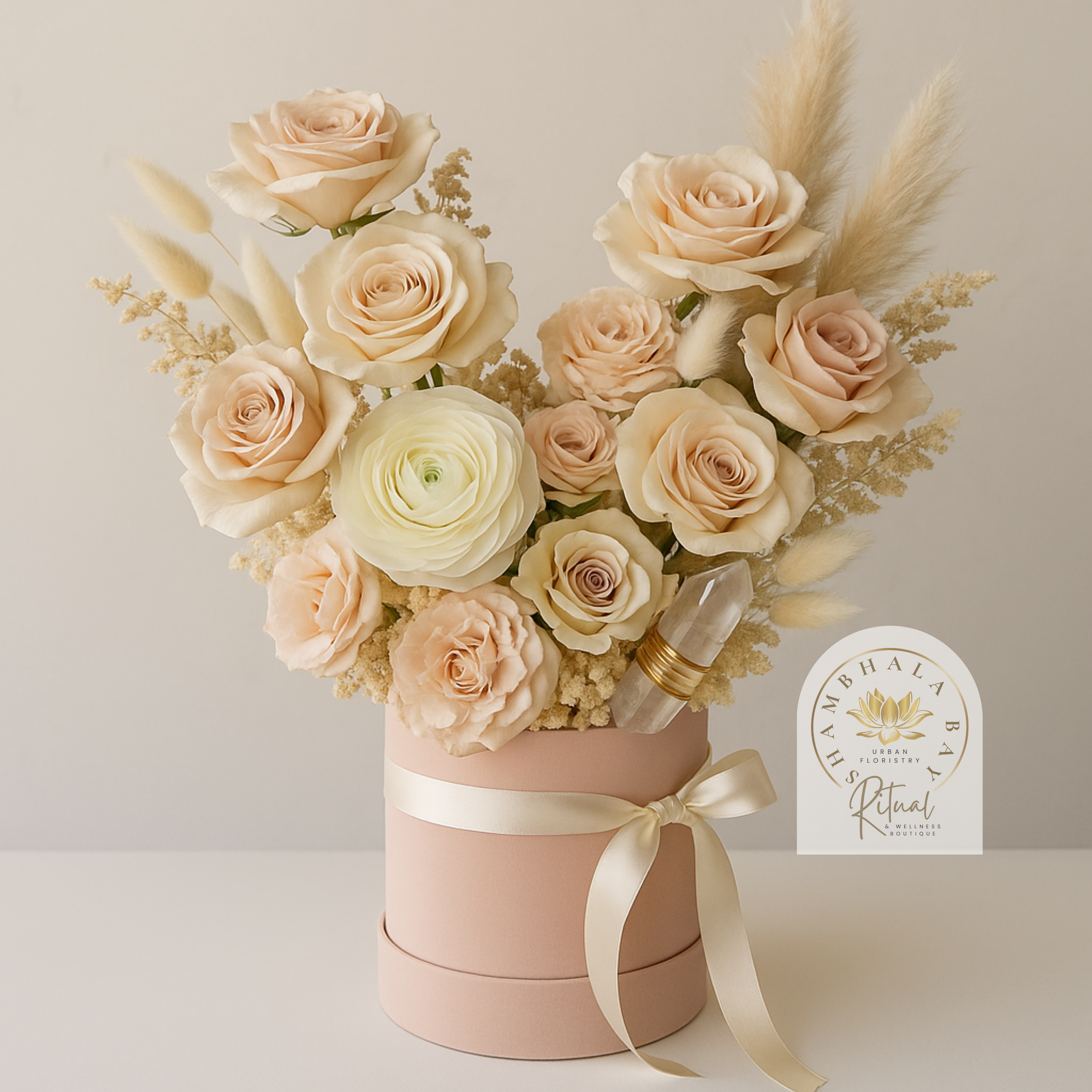 A floral arrangement with blush pink and cream roses, white ranunculus, fluffy pampas grass, and cream-colored dried foliage in a pink round hat box tied with a cream satin ribbon. The arrangement features a clear quartz crystal with a gold band. 