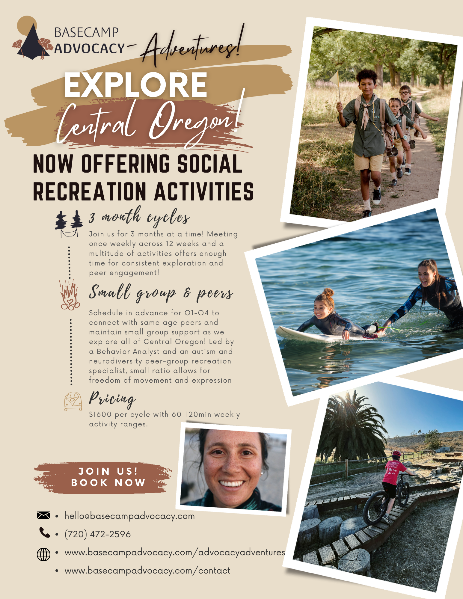 Flyer promoting social recreation activities in Central Oregon, featuring images of children hiking, an instructor supporting a child surfing, and a person mountain biking, with event details and contact information.
