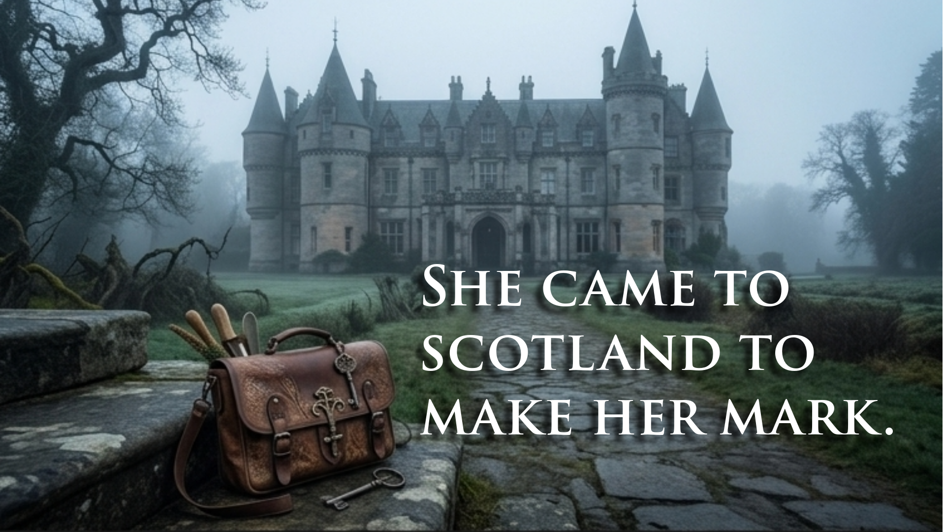 A foggy landscape with a large castle in the background, trees on the sides, and a stone bench with a leather bag, a key, and tools in the foreground. Overlaid text reads 'She came to Scotland to make her mark.'