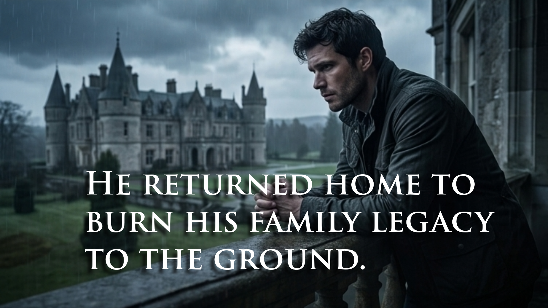 A man in dark clothing looking contemplative while sitting on a balcony overlooking a large historic mansion on a cloudy, rainy day. Overlaid text reads: "He returned home to burn his family legacy to the ground."