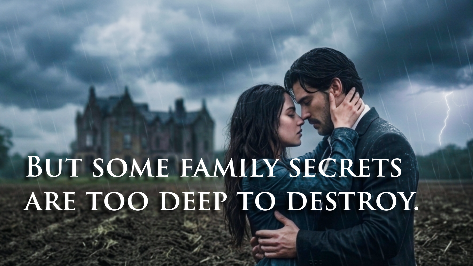 A romantic scene of a man and woman in a rainstorm in front of a large, old mansion, with lightning in the background, and the text "But some family secrets are too deep to destroy" overlaid on the image.