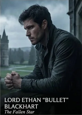 A man with dark hair and a beard sitting outdoors with a contemplative expression, against an overcast sky and a distant castle or large building.