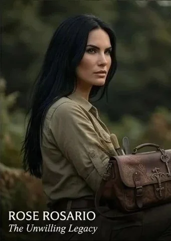 A young woman with long black hair and a serious expression standing outdoors with blurred greenery in the background, holding a brown leather bag.
