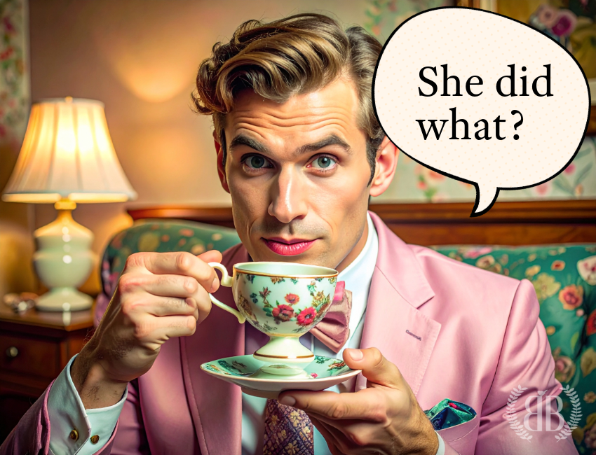 A stylish man in a pink blazer and bowtie sips tea from a vintage floral teacup, looking shocked. A speech bubble reads "She did what?", perfectly capturing the mood of the latest book's secrets, character gossip, and wedding mysteries.