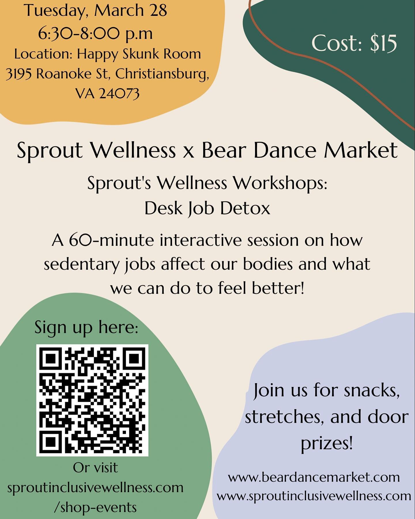 SO excited to be working with @beardancemarket to put on Sprout&rsquo;s first Wellness Workshop at @happyskunkva !
I haven&rsquo;t done in-person events since before Covid and I can&rsquo;t wait to get back to it!
Join me at Happy Skunk on Tuesday, M