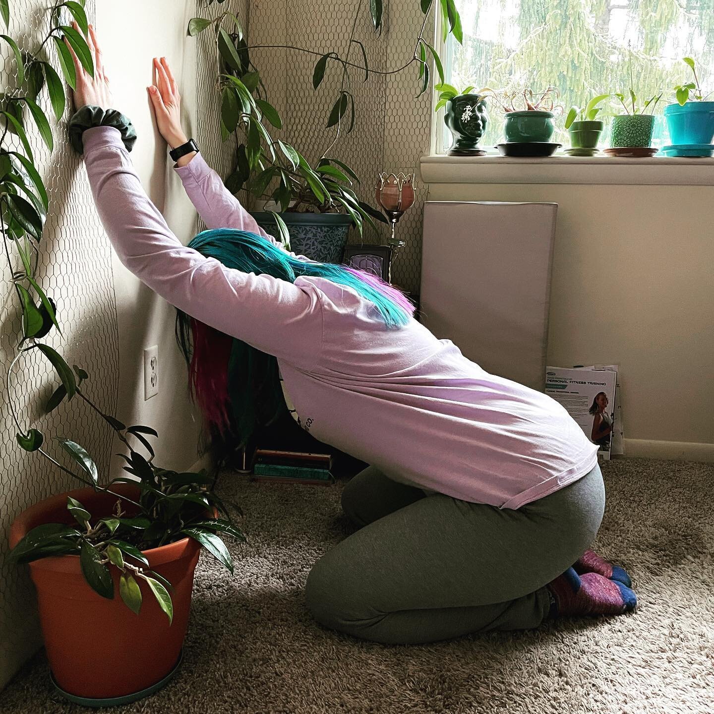 Have you worshipped your wall today?
(Note to self: think about how these stretches will look before picking them as the stretch of the week)
Child&rsquo;s pose on the wall is a GREAT stretch for the shoulders, back and hips, and an excellent option 