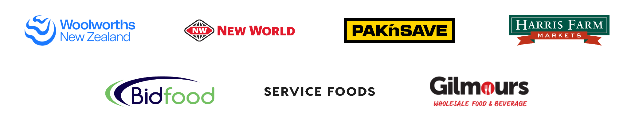 Woolworths, New World, PAK'nSAVE, Harris Farm, Bidfood, Service Foods and Gilmours logos