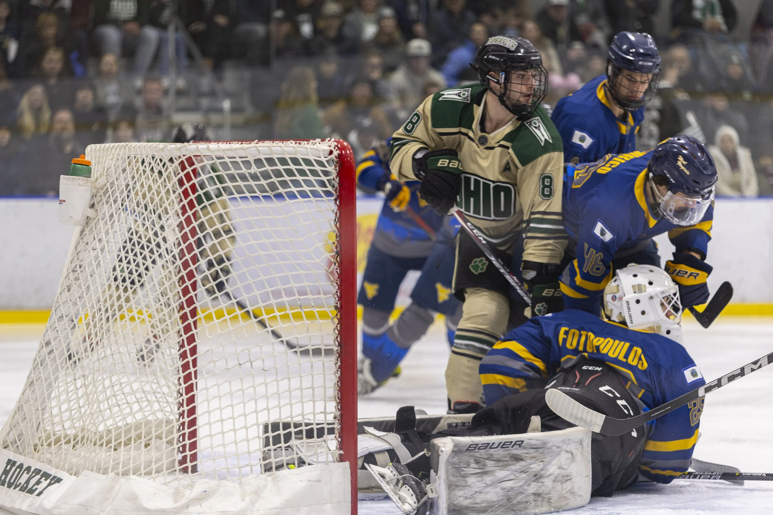 Ohio Bobcats forward Luc Reeve (8) guards the net against West Virginia at Bird Arena in Athens, Ohio Jan. 18, 2025. | For The Post