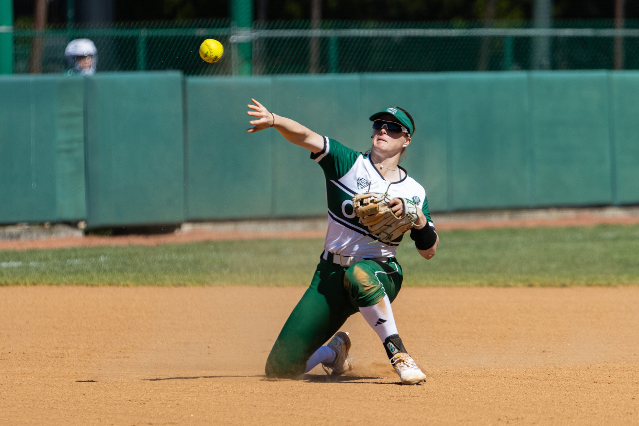 Ohio Bobcats infielder Sydney Grein (33) throws the ball to a teammate against Northern Illinois at Ohio Softball Field in Athens, Apr. 7, 2024. | Shot for The Post