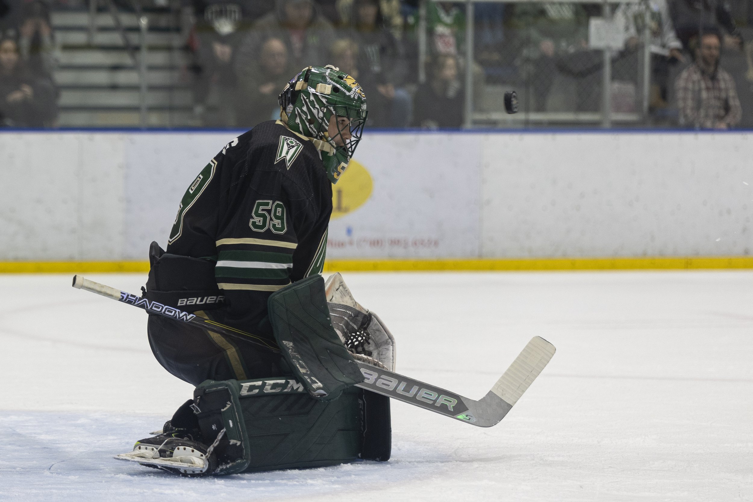 Ohio Bobcats goalie Max Karlenzig (59) eyes down the puck against Liberty at Bird Arena in Athens, Feb. 8, 2025. | Shot for The Post
