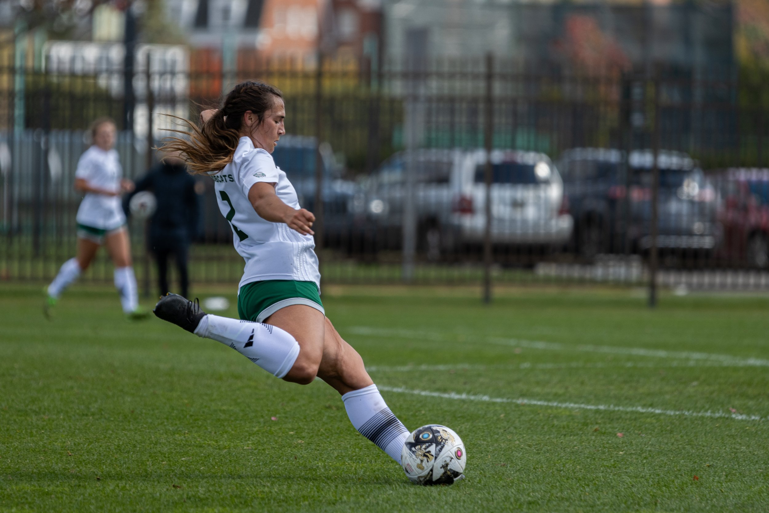 Ohio Bobcats defender Ella Deevers (2) lines up to kick against Eastern Michigan at Chessa Field in Athens, Ohio Oct. 22, 2023 | Shot for The Post