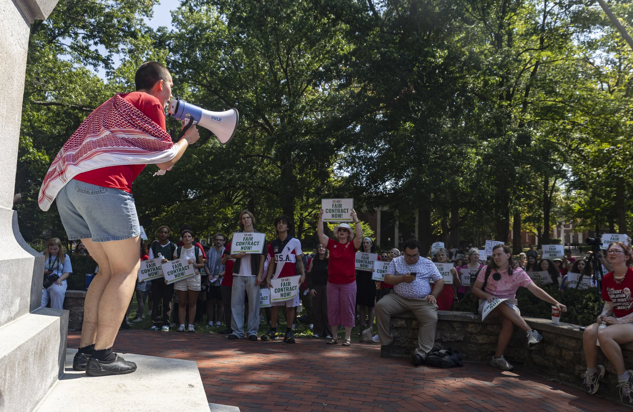 Eden Truax of Students for Justice in Palestine speaks at the United Academics of Ohio University rally on College Green in Athens, Ohio, Sept. 9, 2026. | For The Post