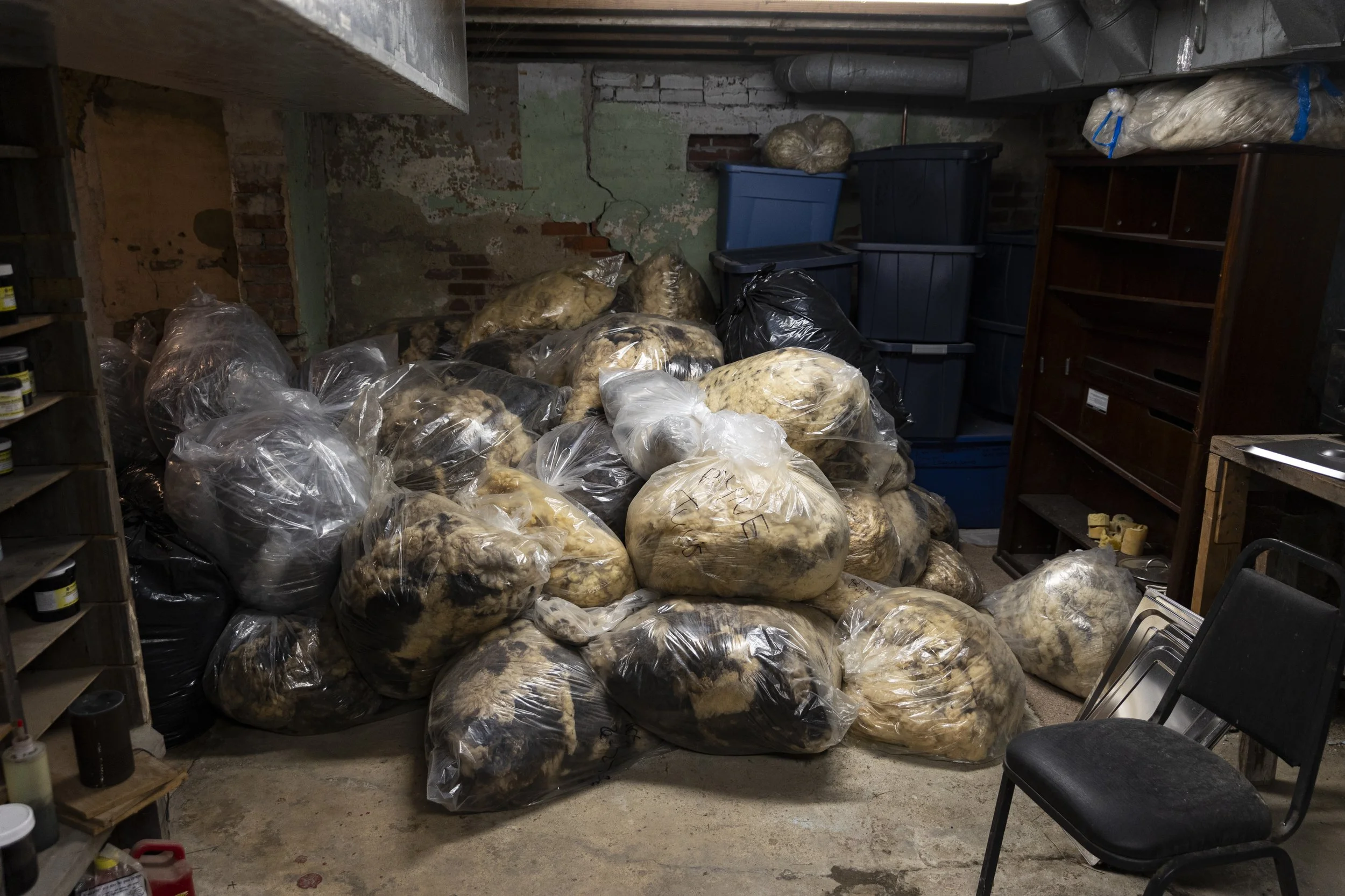 A pile of bags filled with wool sit in Lisa Heinz' basement in Athens, Ohio, September 2, 2025. She works to source all her wool from farmers in southeast Ohio. Heinz is a leading member of the Southeast Ohio Fibershed, a branch of the national organ