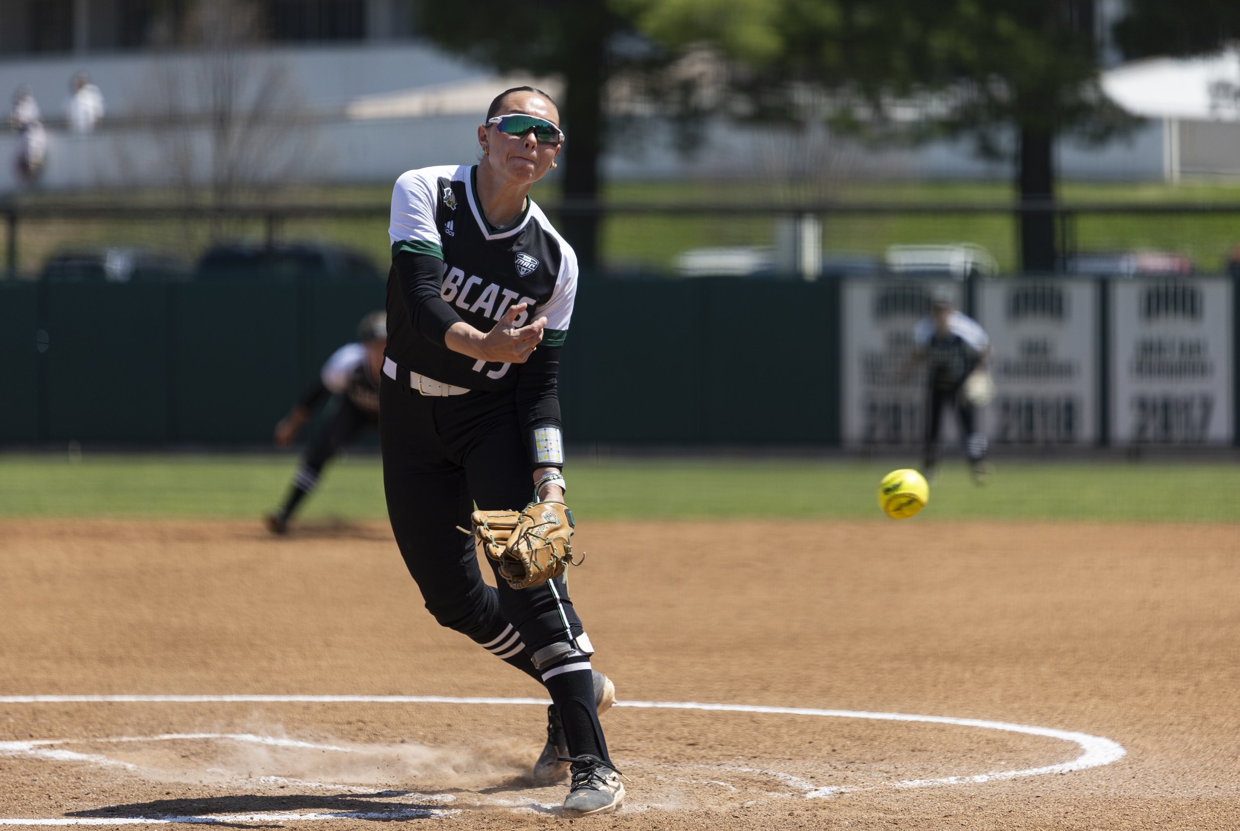 Ohio Bobcats pitcher Skipp Miller (19) pitches against Miami at the Ohio Softball Field in Athens, Ohio, April 18, 2025.