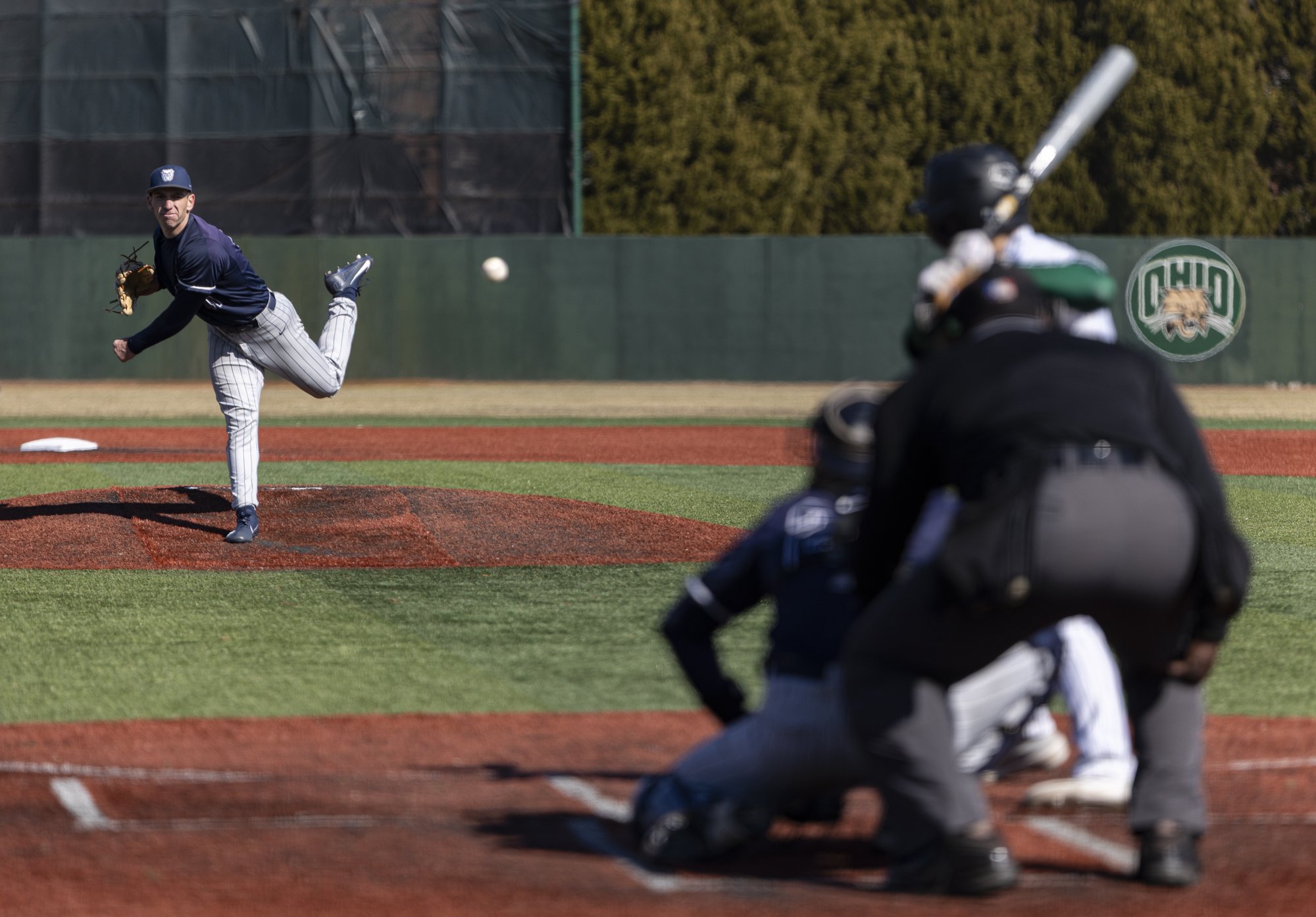 Butler Bulldogs right handed pitcher Christian Finnigan (43) pitches against Ohio at Wren Stadium in Athens, Ohio, Mar. 2, 2025.