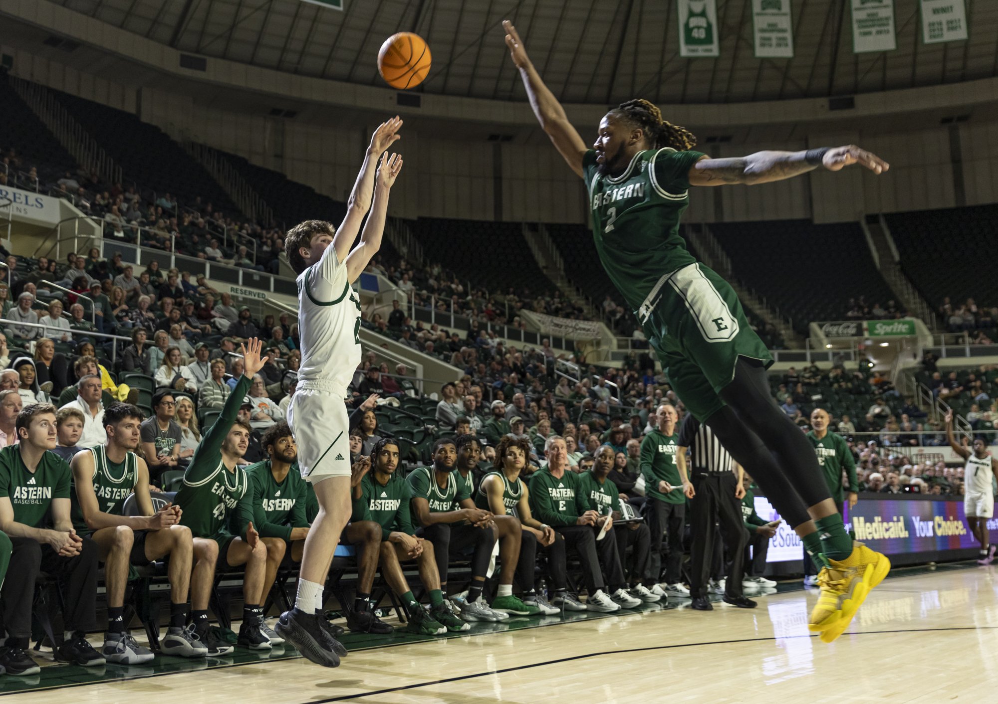 Ohio Bobcats guard Jackson Paveletzke (13) shoots from behind the 3-point line against Eastern Michigan University in the Convocation Center at Ohio University in Athens, Ohio, Mar. 4, 2025.