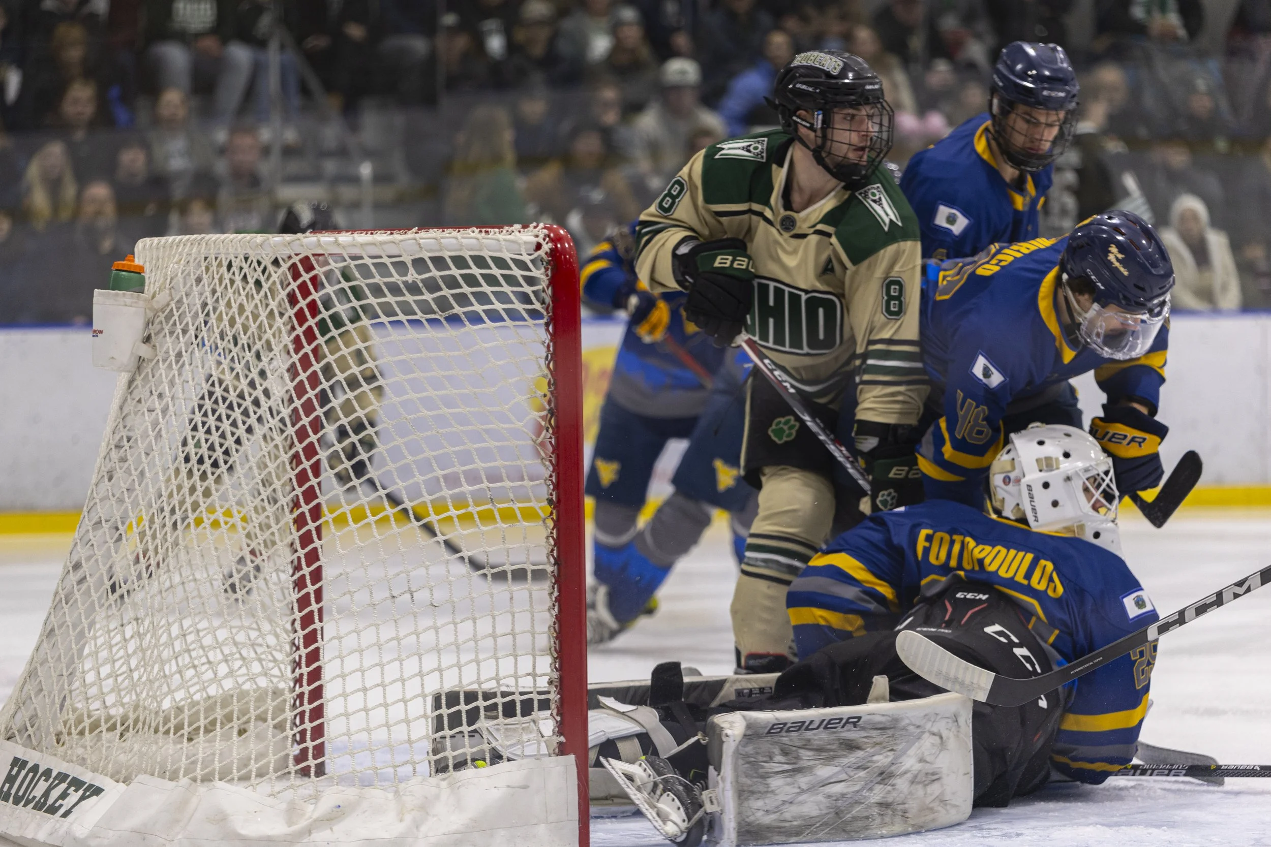 Ohio Bobcats forward Luc Reeve (8) guards the net against West Virginia at Bird Arena in Athens, Ohio Jan. 18, 2025. | For The Post