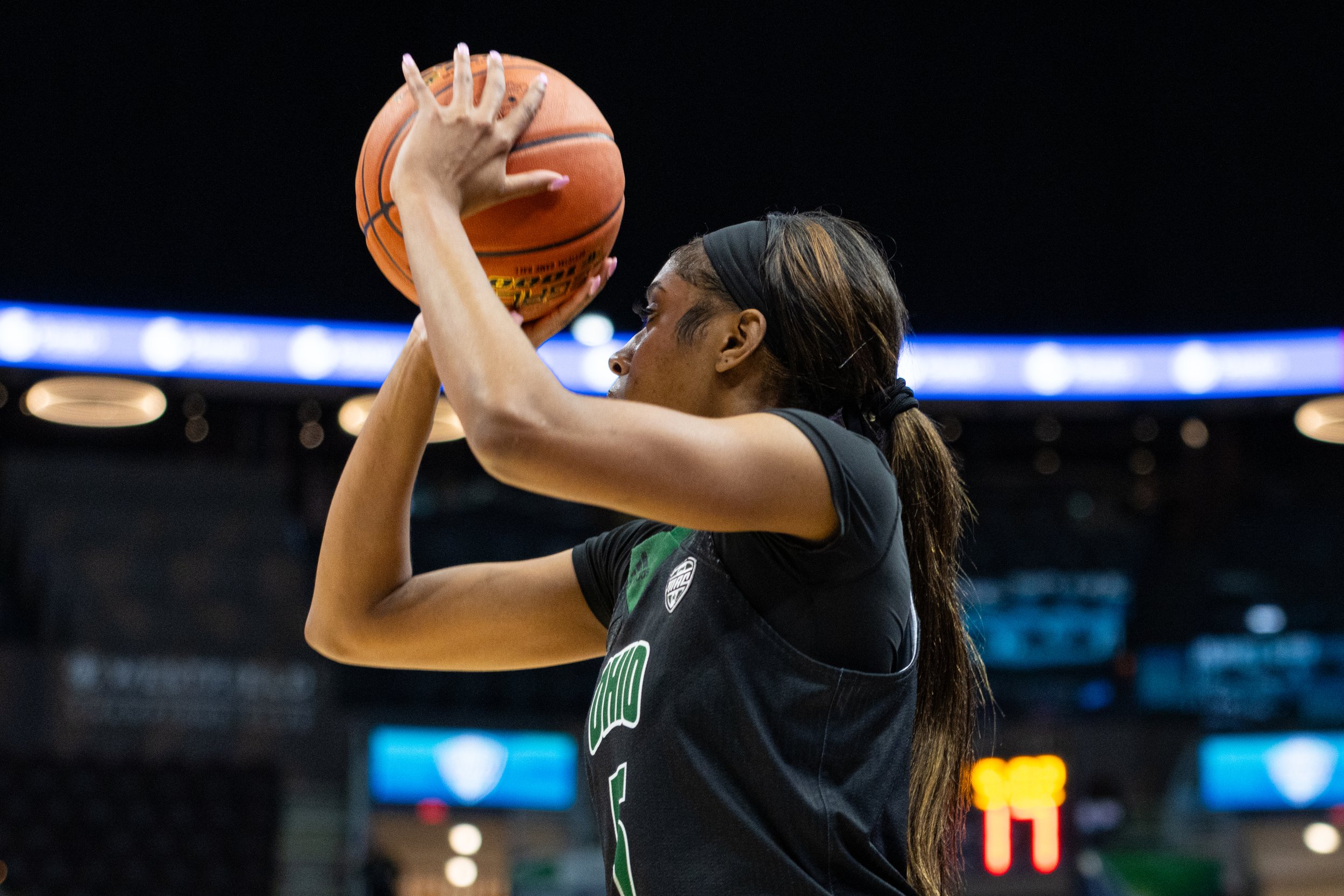 Ohio Bobcats guard Kennedi Watkins (5) gets ready to shoot the ball against Ball State in the MAC Women's Basketball Tournament at Rocket Mortgage Fieldhouse in Cleveland, Ohio, Mar. 13, 2024. Watkins scored three points for the Bobcats, but Ohio fel
