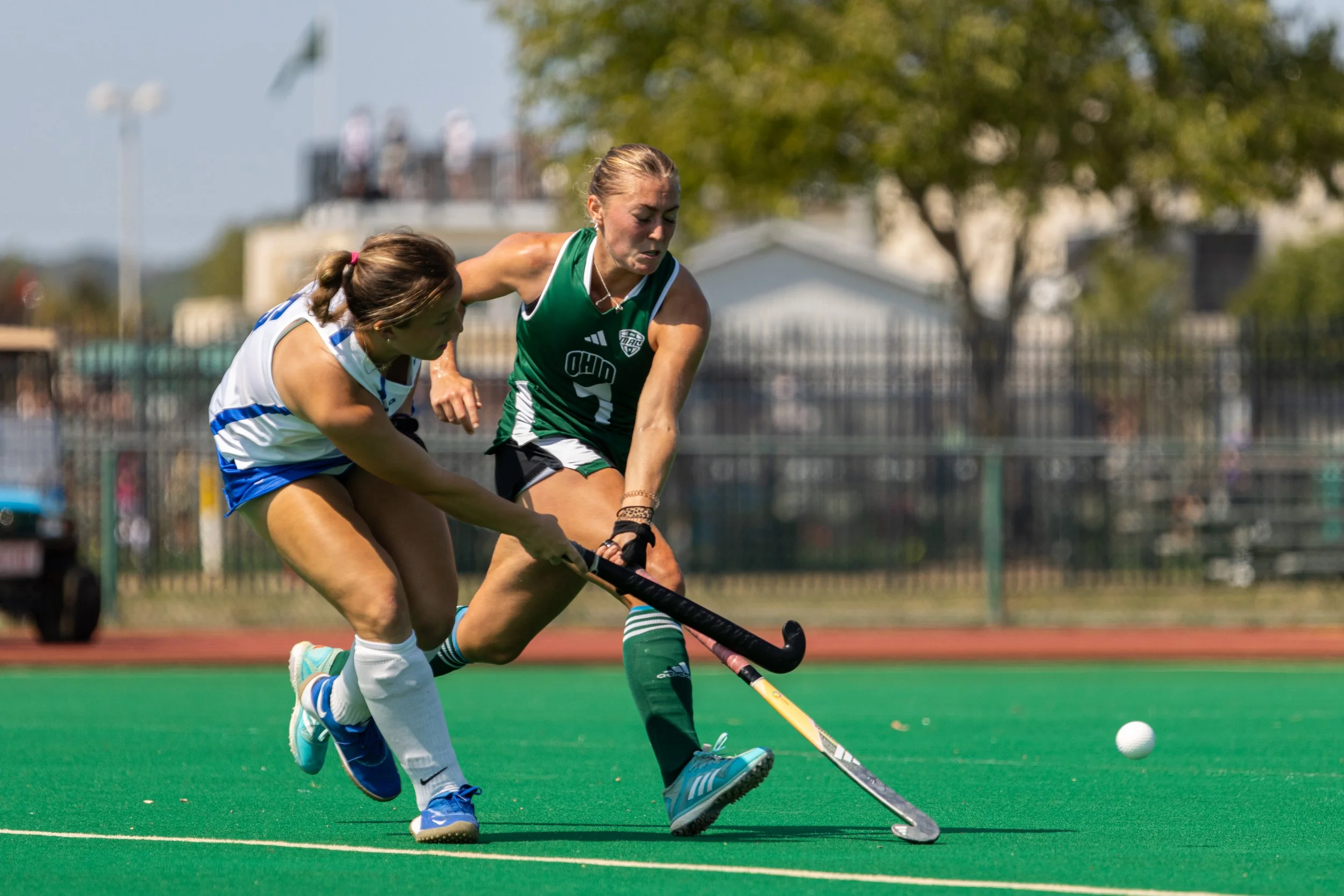 Ohio Bobcats midfielder Merle Kal (7) goes on the defensive against Saint Louis University at Pruitt Field in Athens, Sept. 15, 2024. | For The Post