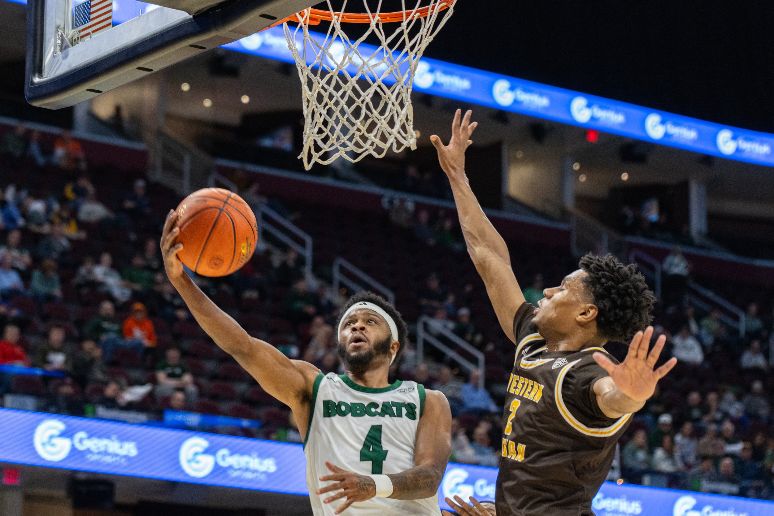 Ohio Bobcats guard Shereef Mitchell (4) goes for the net against Western Michigan in the MAC Men's Basketball Tournament at Rocket Mortgage Fieldhouse in Cleveland, Ohio, Mar. 14, 2024. Mitchell scored 15 points, being the highest scoring player of t