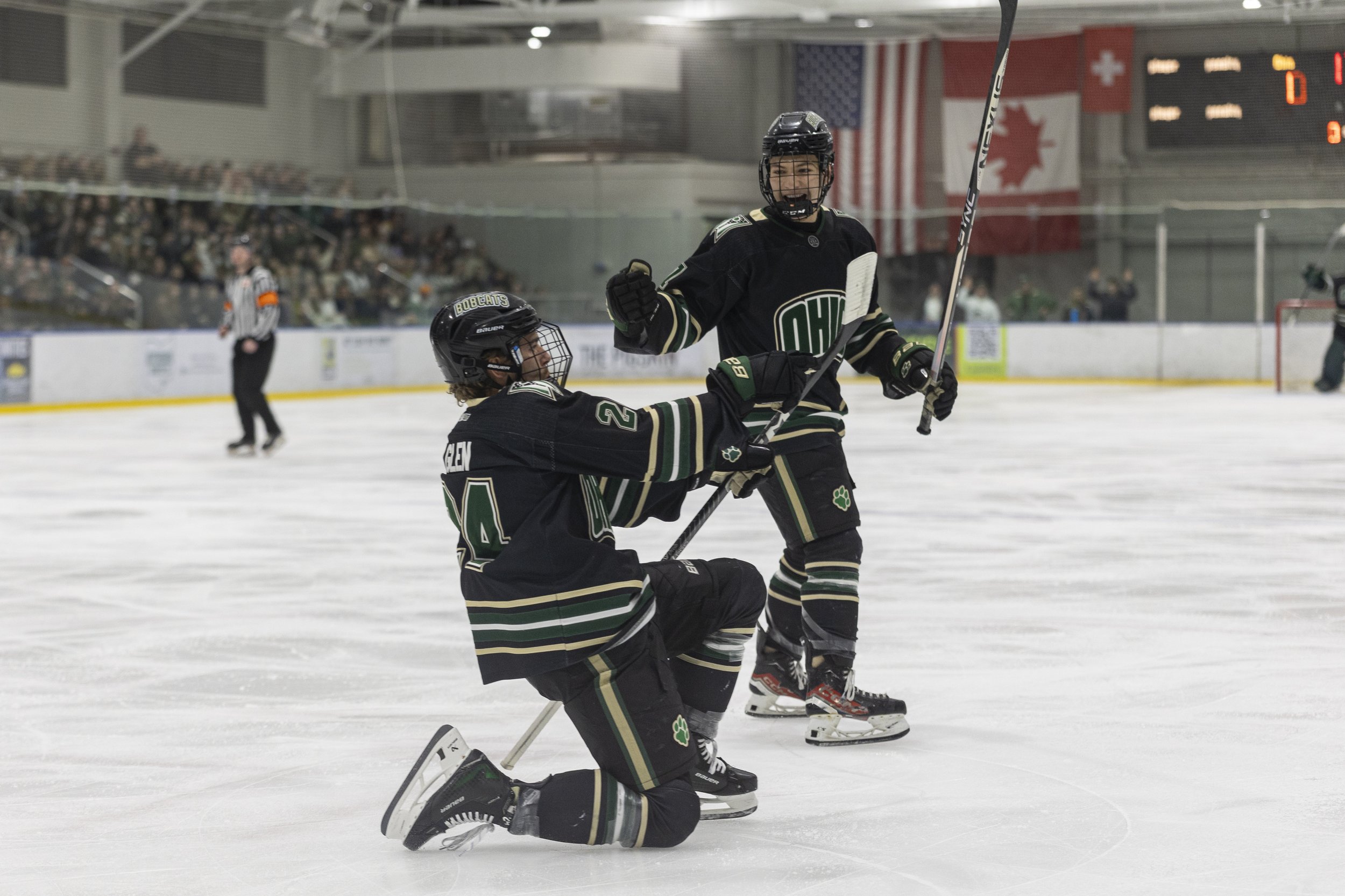 Ohio Bobcats forward and captain Jack Glen (24) celebrates after scoring against Liberty at Bird Arena in Athens, Feb. 8, 2025. | Shot for The Post