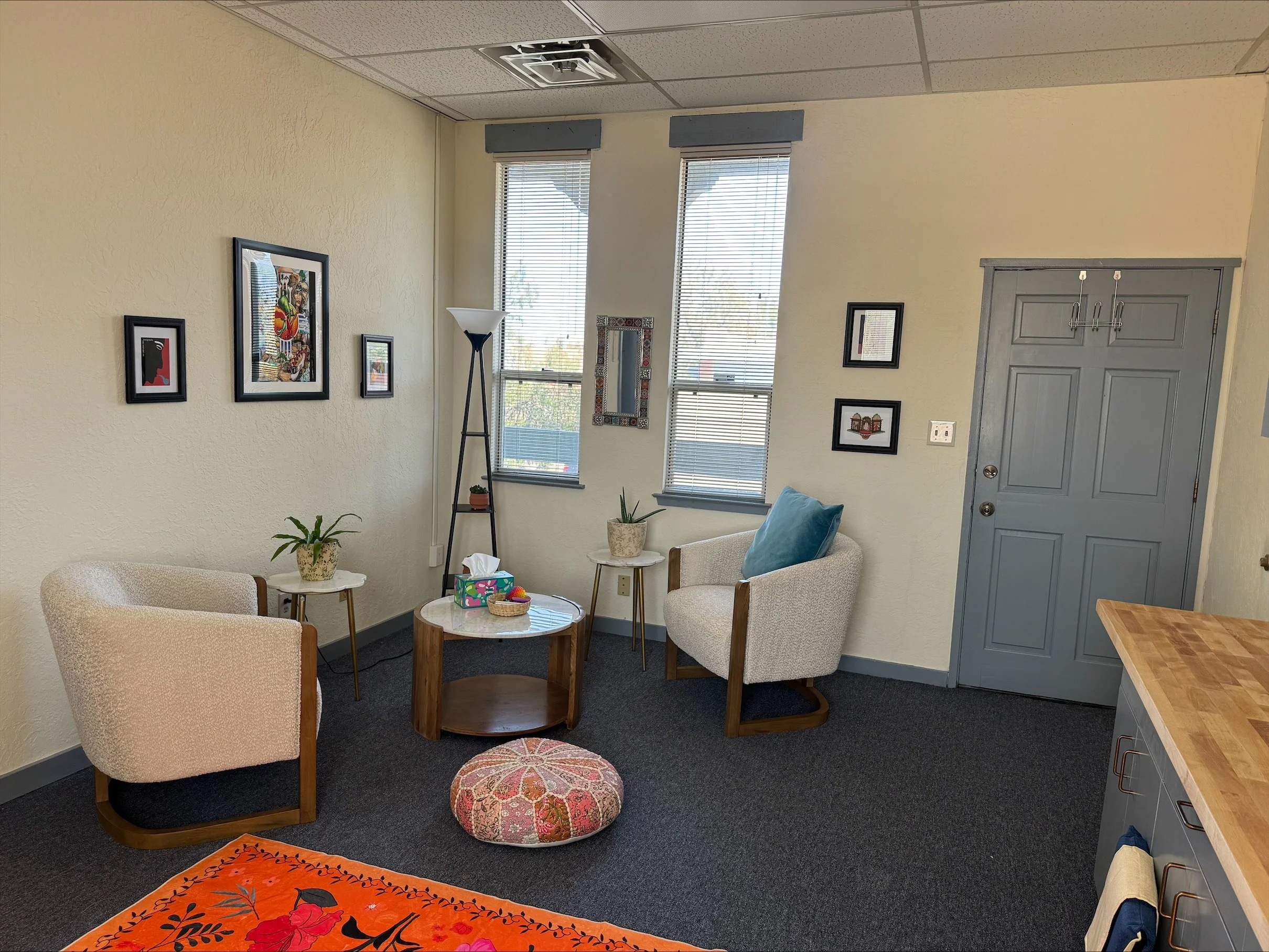 Cozy living room with two light-colored armchairs, a small round wooden coffee table with a tissue box and small accessories, a patterned pouf, and two potted plants. The room has two windows with blinds, framed artwork on the walls, a gray door, and