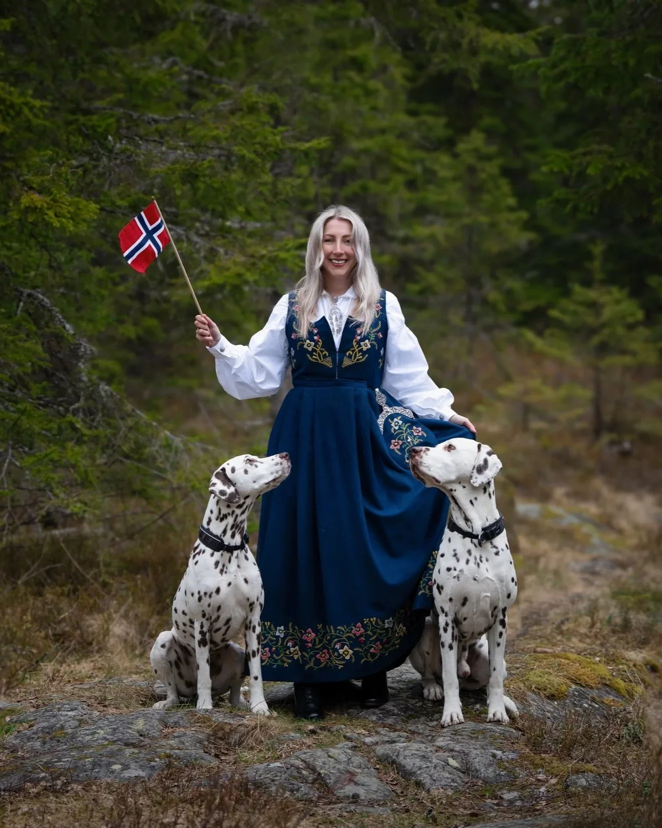En kvinne kledd i tradisjonell norsk bunad som holder et norsk flagg, med to dalmatiske hunder i et skogkledd område.
