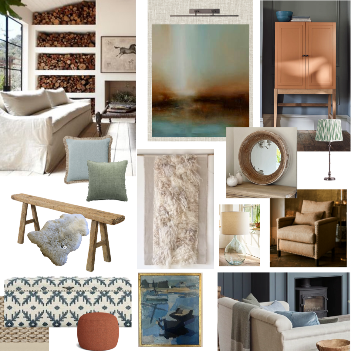 Style board for Cotswold living room in creams, aquas, terracottas and blues