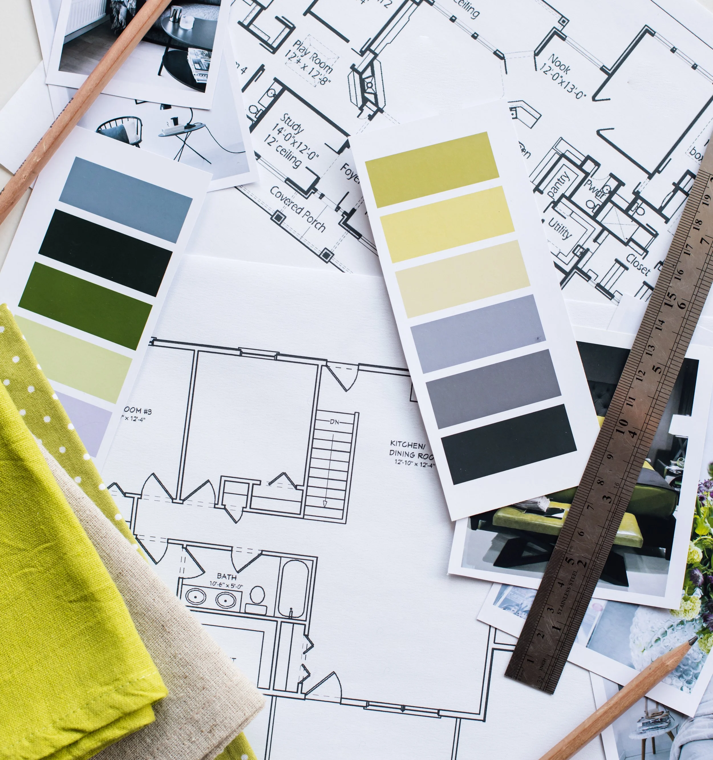 FLOOR PLAN WITH PAINT CHARTS AND FABRIC