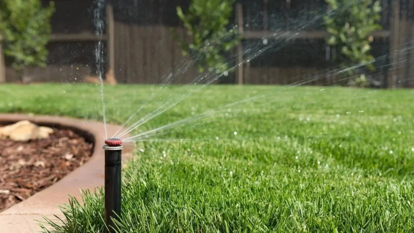 Pop-up sprinkler watering a neatly edged residential lawn beside a landscape bed